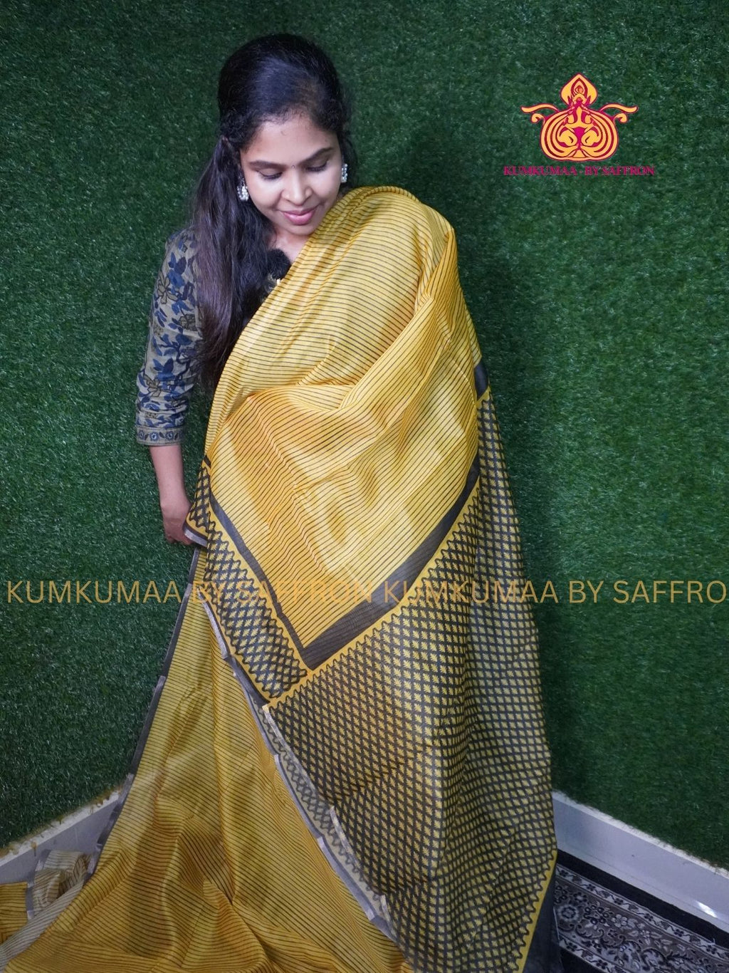 CHANDERI COTTON - YELLOW WITH BLACK - STRIPE DESIGN- PROFESSIONAL WEAR- MINIMALIST BORDER - LATEST COLLECTION - KUMKUMAA BY SAFFRON - ELITE DESIGN