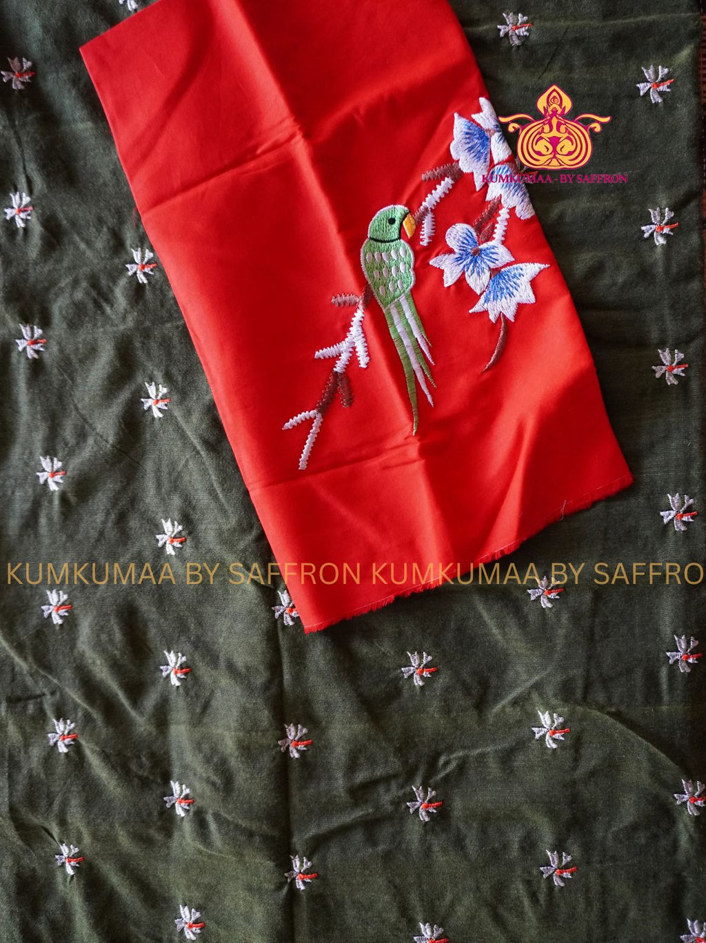 KATHI COTTON-GREEN SAREE WITH WHITE FLORAL EMBROIDERY- EXTRA RED BLOUSE WITH EMBROIDERY DESIGN - Kumkumaa Exclusive SOFT KADHI COTTON - FANCY COMFORT