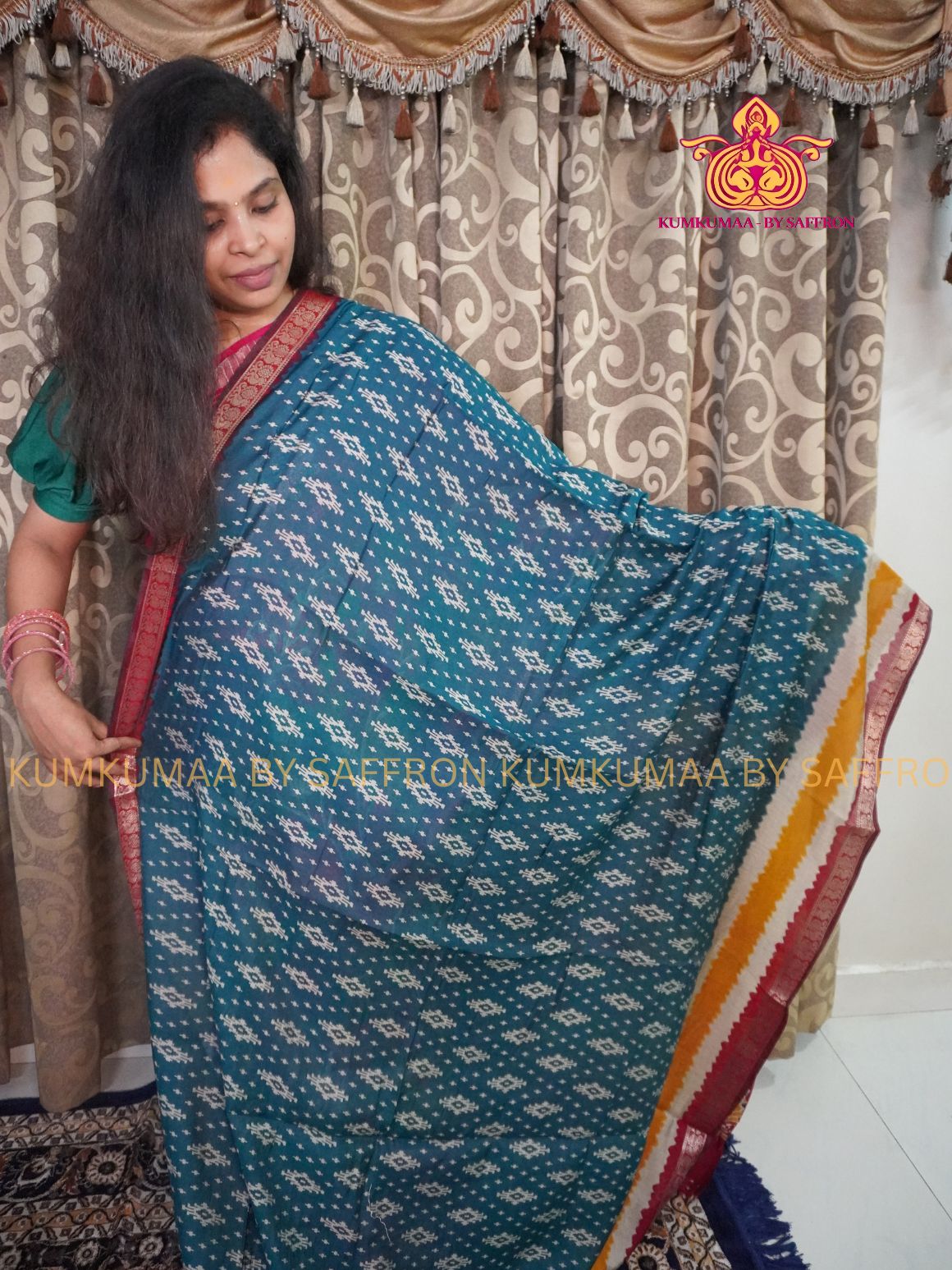 MAHESHWARI COTTON SILK- TEAL GREEN AND RED SAREE WITH BLOUSE - MINIMALISTIC BORDER -GEOMETRIC DESIGN PRINTED- Kumkumaa FESTIVE - OCCASION ELEGANCE - STYLISH AND BEAUTIFUL