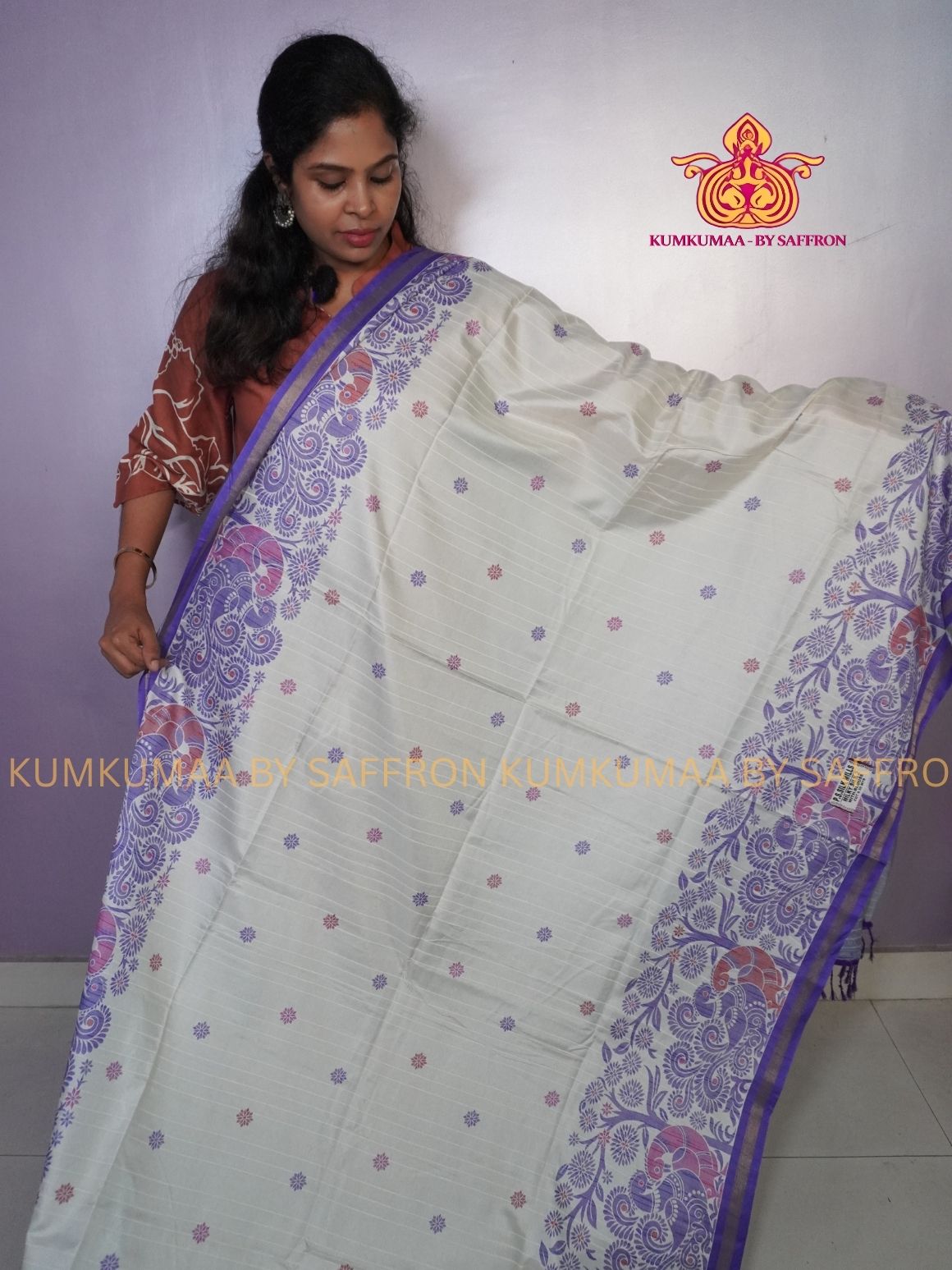 TUSSAR SILK -WHITE WITH PURPLE FLORAL PRINTED SAREE - LATEST COLLECTION - KUMKUMAA BY SAFFRON - UNIQUE DESIGN