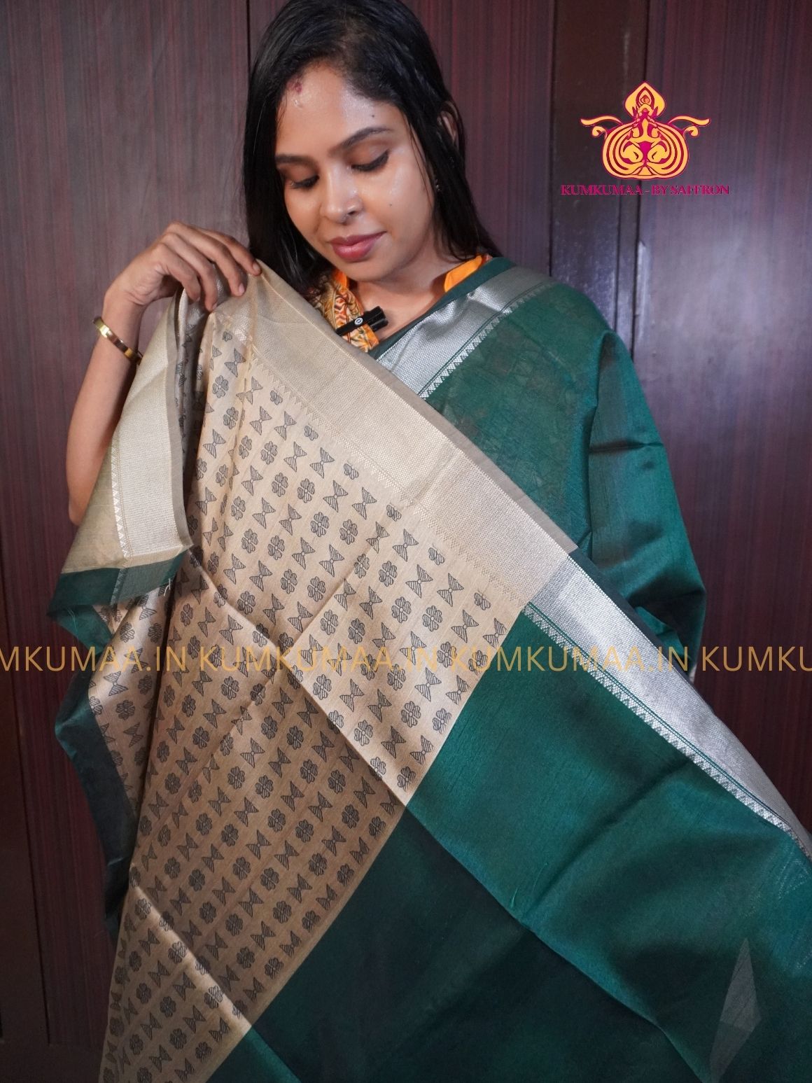 SEMI RAW SILK SAREE - DARK GREEN AND BEIGE - PRINTED PALLU - TRENDY WEAR SAREE- Beautiful saree for women - KUMKUMAA TRENDY FOR ALL OCCASION