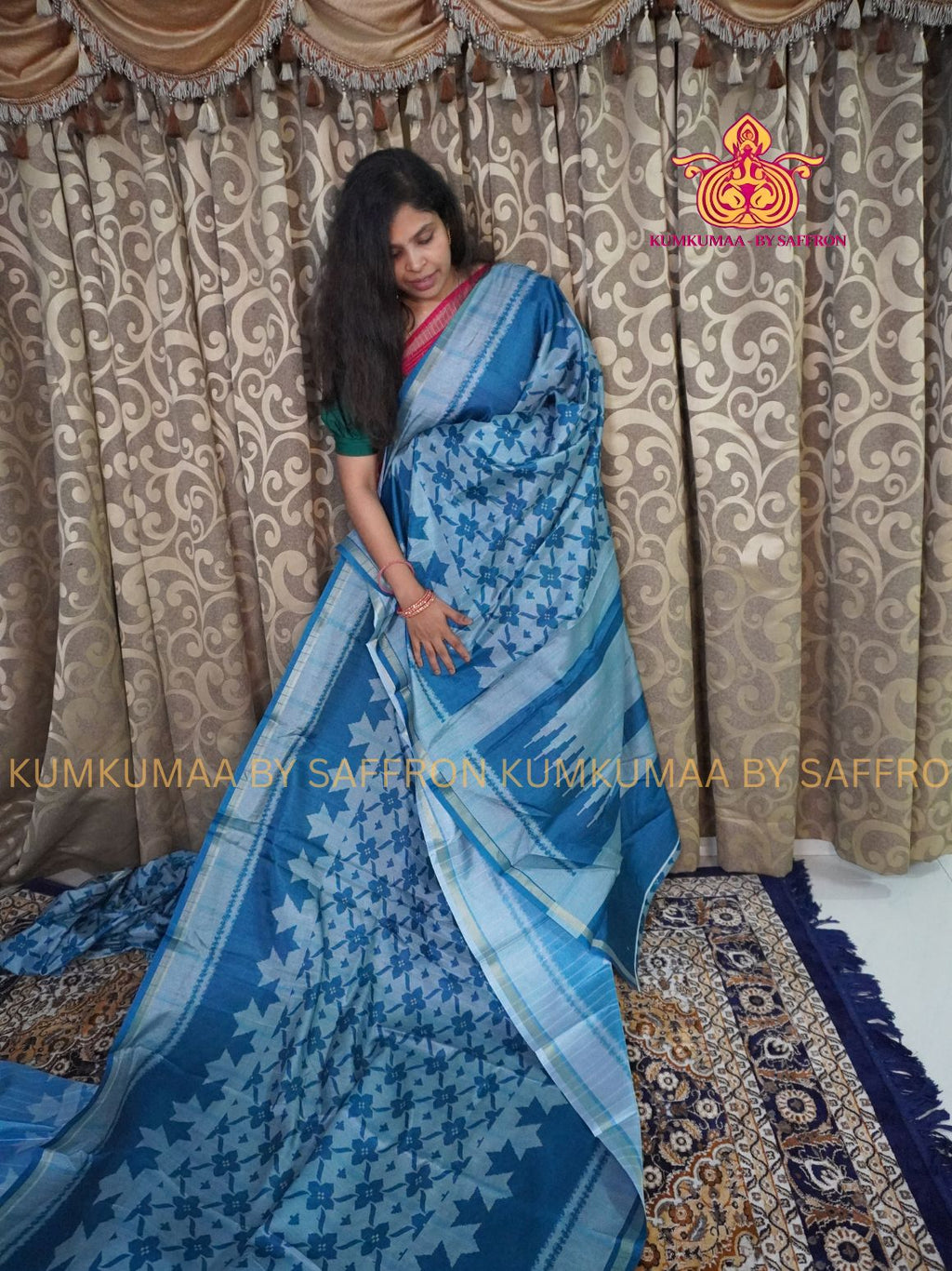 TUSSAR SILK - BLUE - GEOMETRIC PRINTED SAREE - STRIPED PATTERN SAREE - MINIMALISTIC BORDER - LATEST COLLECTION - KUMKUMAA BY SAFFRON - UNIQUE DESIGN