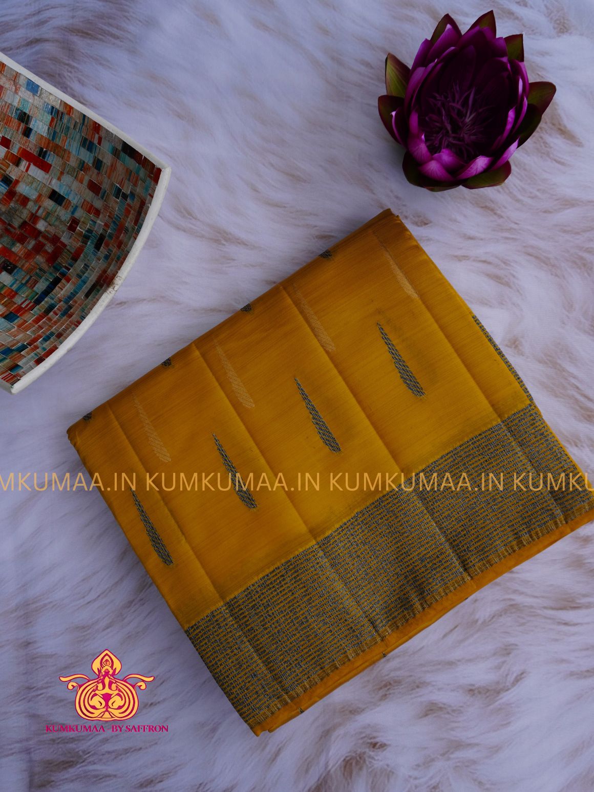 RAW SILK SAREE - YELLOW SAREE WITH THILAK DESIGN WITH STRIPED BORDER - ETHNIC WEAR - EXCLUSIVE KUMKUMAA COLLECTION- RAW SILK MATERIAL - PREMIUM QUALITY -FESTIVE