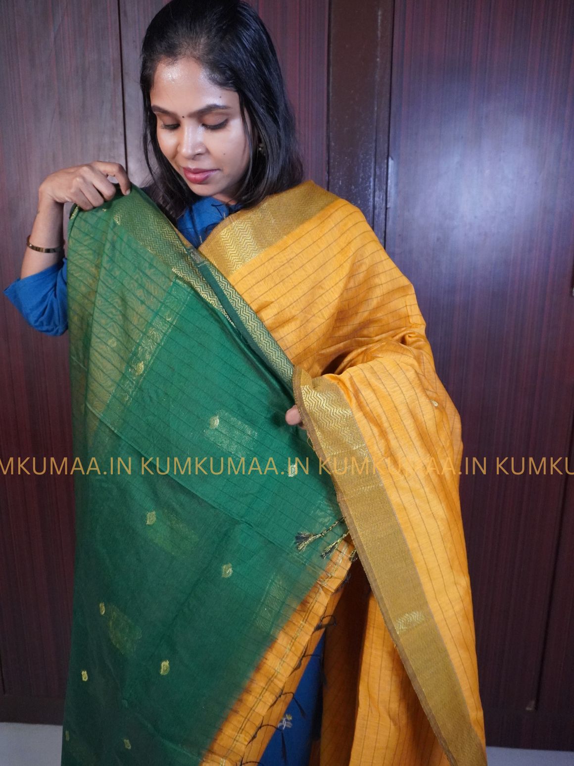 MAHESHWARI COTTON- YELLOW AND GREEN COLOUR STRIPED PRINT SAREE WITH BLOUSE - TRENDY - FLORAL DESIGN - Kumkumaa Exclusive COLLECTION - LATEST ELEGANT SAREE
