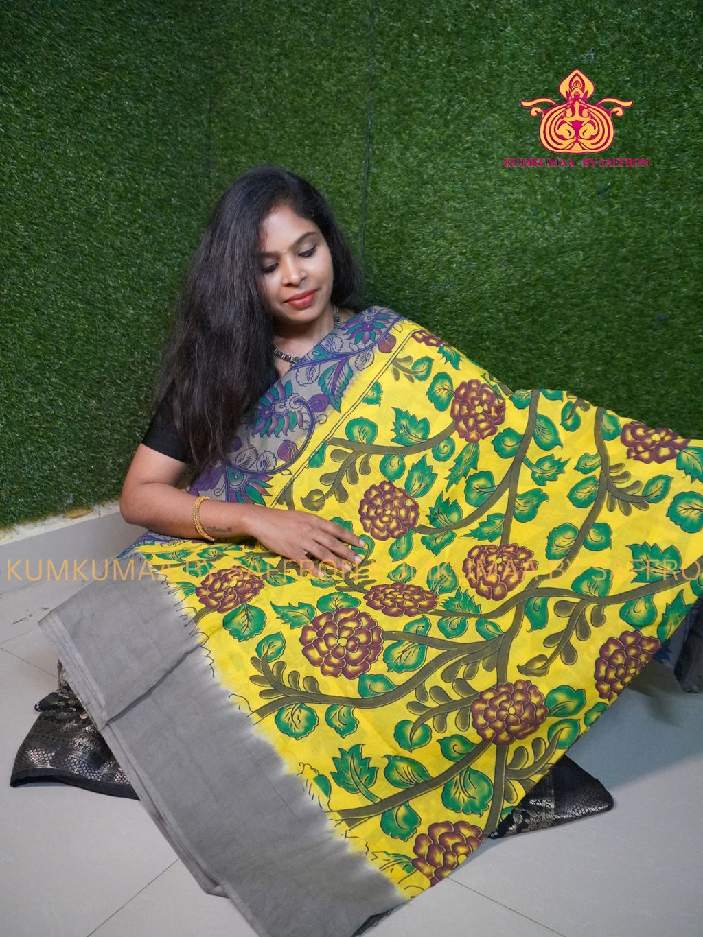 MUL COTTON-LIGHT YELLOW & GRAY SAREE WITH BLOUSE - KALAMKARI PRINT- SOFTEST EVERYDAY WEAR - BEST COTTON SAREE- COMFORT AND TRENDY - STYLE WITH COMFORT - Kumkumaa EVERYDAY SAREE (Copy)