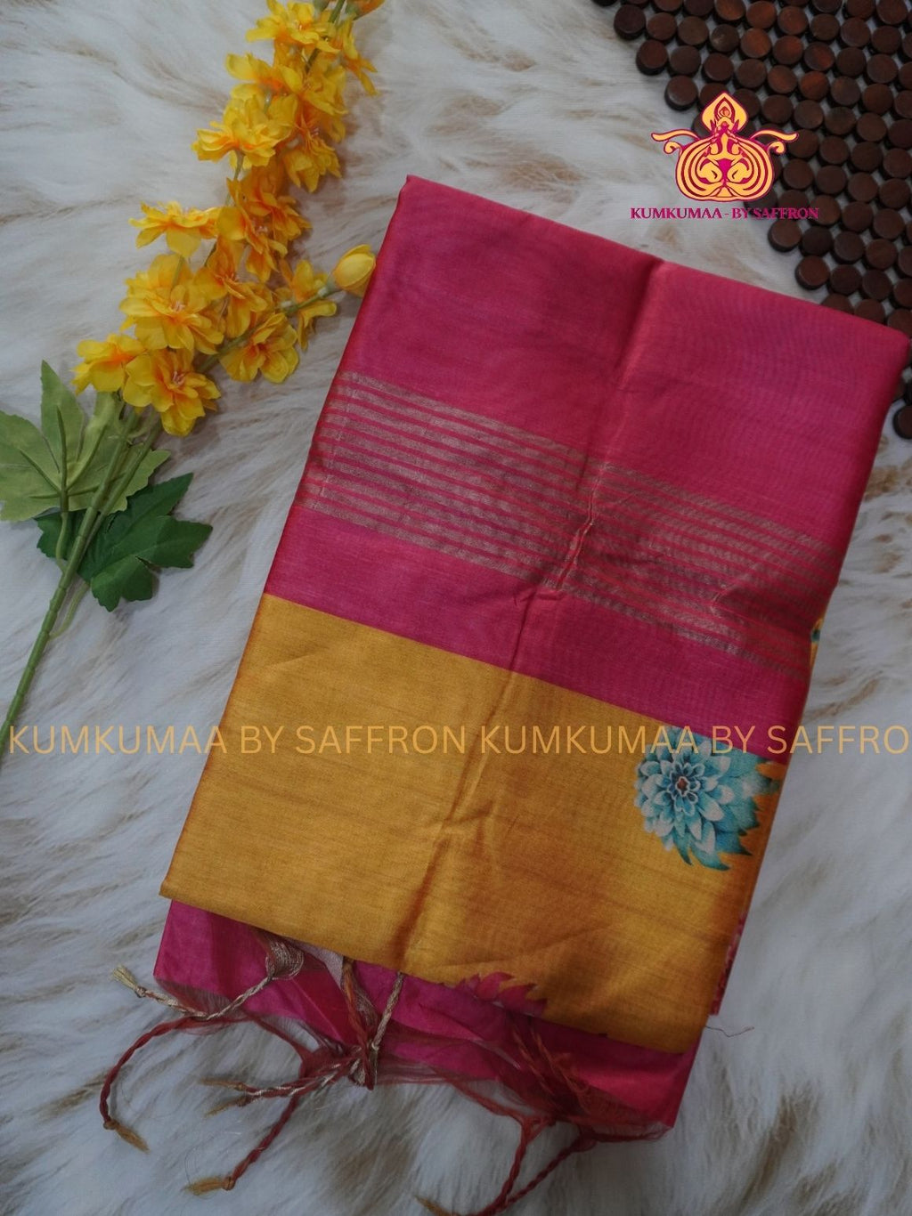 TUSSAR SILK - YELLOW AND PINK - FLOWER DESIGN SAREE - WITHOUT BORDER - LATEST COLLECTION - KUMKUMAA BY SAFFRON - UNIQUE DESIGN