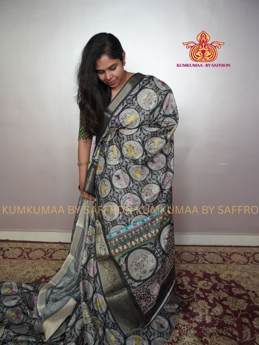 Dola Silk - COMFORTABLE FESTIVE Beautiful saree for women-GRAY AND BLACK-ANIMAL PRINT - KUMKUMAA TRENDY TRADITIONAL WEAR - Comfort - Confidence - Elegance