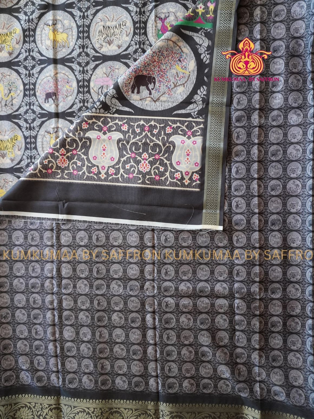 Dola Silk - COMFORTABLE FESTIVE Beautiful saree for women-GRAY AND BLACK-ANIMAL PRINT - KUMKUMAA TRENDY TRADITIONAL WEAR - Comfort - Confidence - Elegance