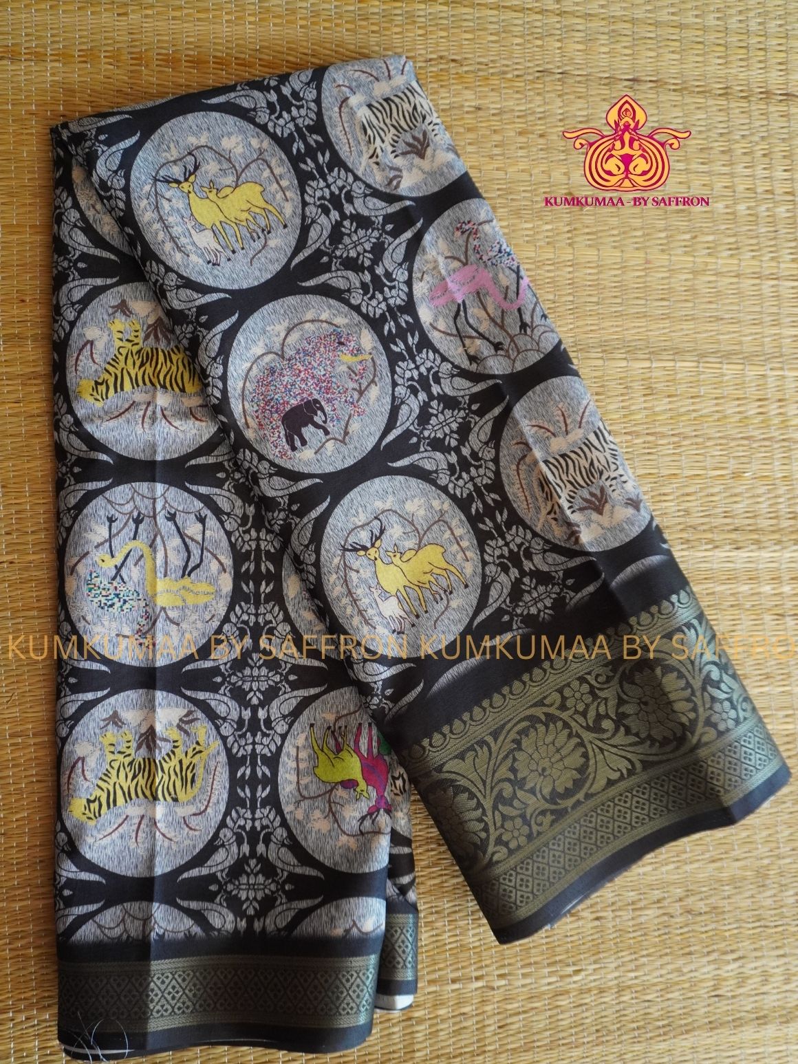 Dola Silk - COMFORTABLE FESTIVE Beautiful saree for women-GRAY AND BLACK-ANIMAL PRINT - KUMKUMAA TRENDY TRADITIONAL WEAR - Comfort - Confidence - Elegance