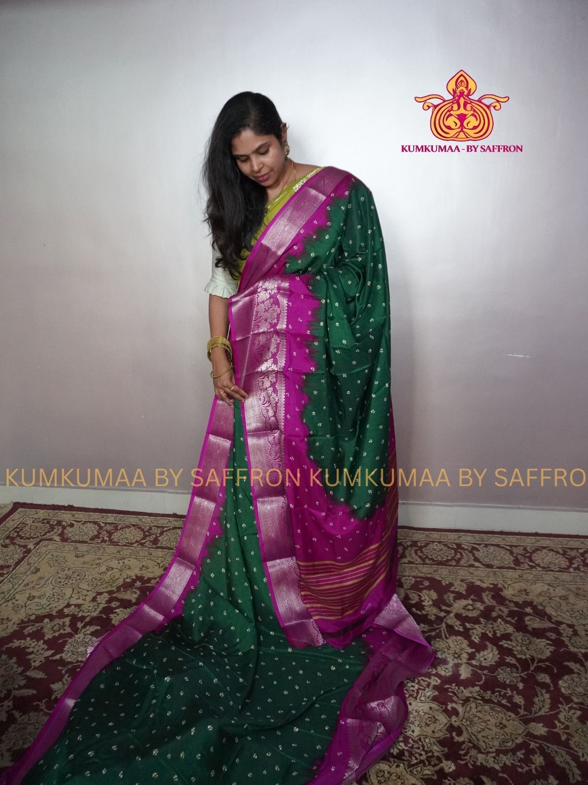 Dola Silk - COMFORTABLE FESTIVE Beautiful saree for women-GREEN AND PINK- TIE DYE PRINT - KUMKUMAA TRENDY TRADITIONAL WEAR - Comfort - Confidence - Elegance