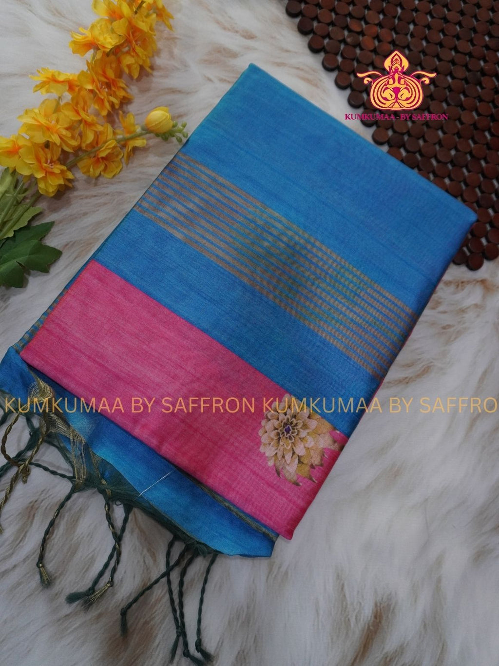 TUSSAR SILK - PINK AND BLUE - FLOWER DESIGN SAREE - WITHOUT BORDER - LATEST COLLECTION - KUMKUMAA BY SAFFRON - UNIQUE DESIGN