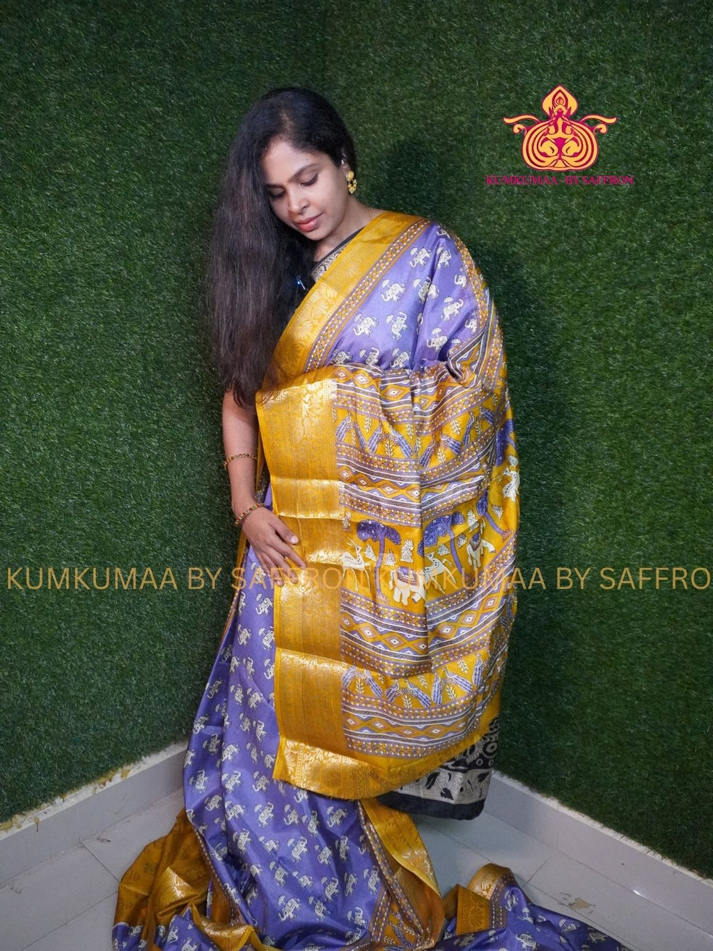 Dola Silk - COMFORTABLE FESTIVE Beautiful saree for women- LAVENDER AND YELLOW - ELEPHANT PRINT DESIGN - ZARI WEAVING BORDER - KUMKUMAA TRENDY TRADITIONAL WEAR - Comfort - Confidence - Elegance