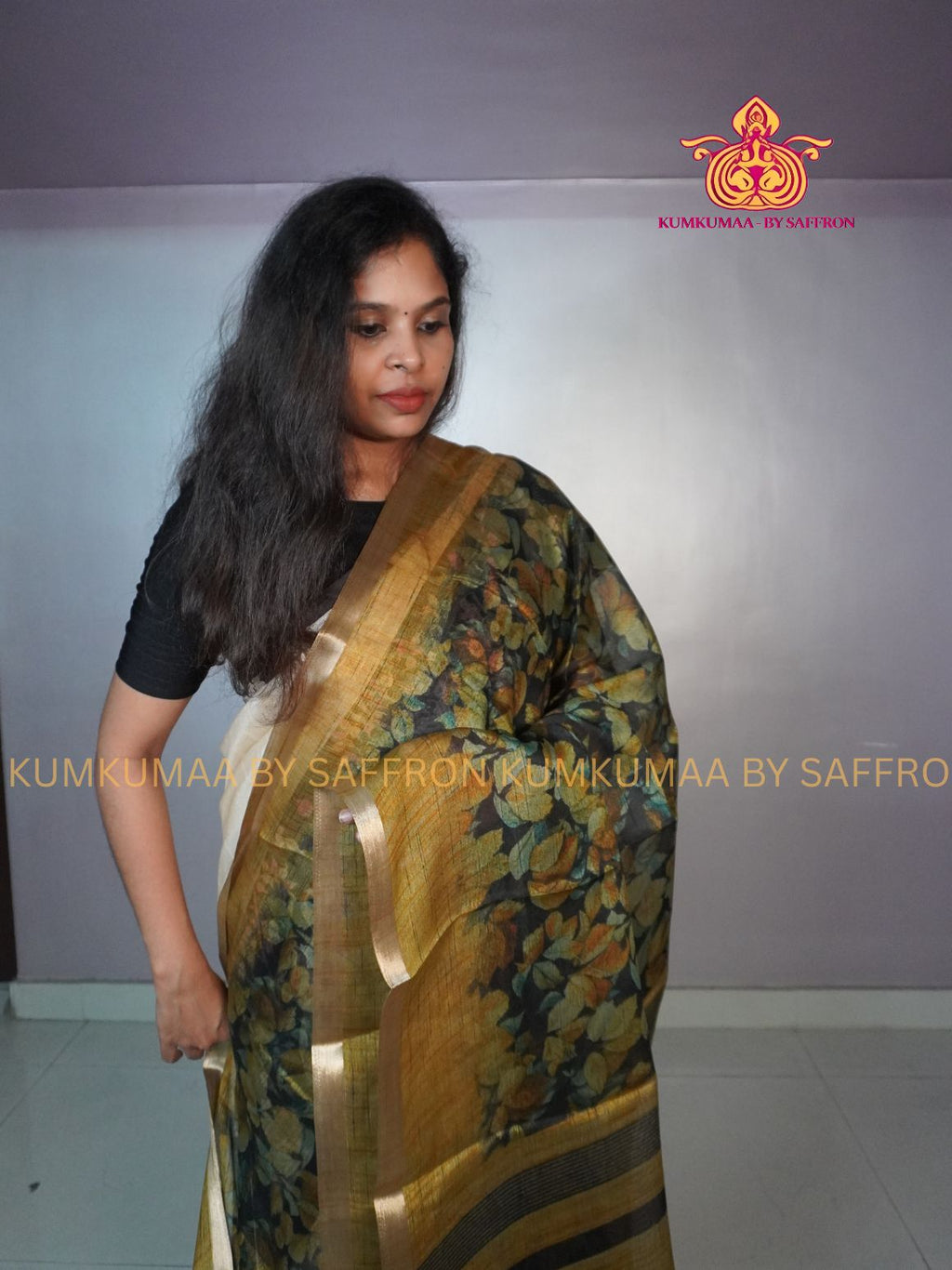 SOFT COTTON - BLACK GREEN AND HONEY COLOUR - FALL LEAVES DESIGN SAREE - ZARI MINIMALIST BORDER - LATEST COLLECTION - KUMKUMAA BY SAFFRON - UNIQUE DESIGN