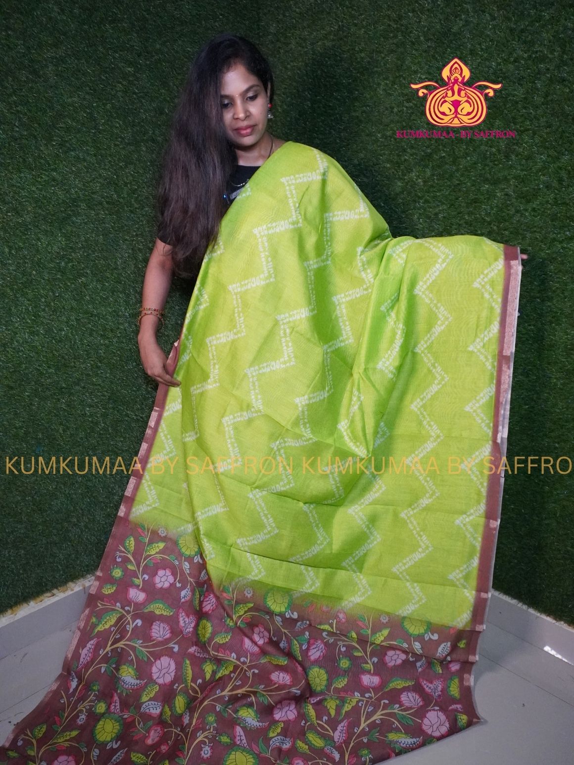 CHANDERI COTTON - LIGHT GREEN WITH BROWN - ZIG ZAG DESIGN FLORAL BLOUSE AND PALLU- PROFESSIONAL WEAR- MINIMALIST BORDER - LATEST COLLECTION - KUMKUMAA BY SAFFRON - ELITE DESIGN