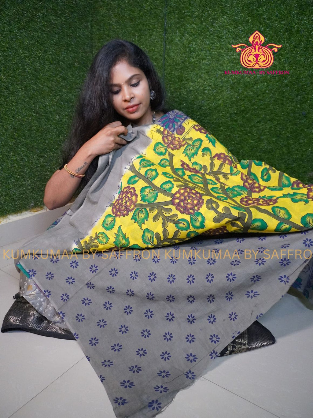 MUL COTTON-LIGHT YELLOW & GRAY SAREE WITH BLOUSE - KALAMKARI PRINT- SOFTEST EVERYDAY WEAR - BEST COTTON SAREE- COMFORT AND TRENDY - STYLE WITH COMFORT - Kumkumaa EVERYDAY SAREE (Copy)
