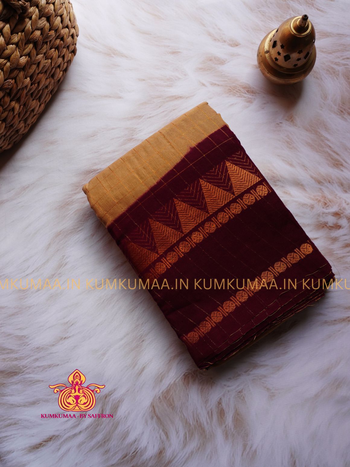 SUNGUDI COTTON- BEIGE WITH MAROON CHECKED WITH RETTAPET ZARI TEMPLE AND RUDHRAKSH BORDER - WITH BLOUSE - Kumkumaa comfort wear -Soft and breathable -Handloom