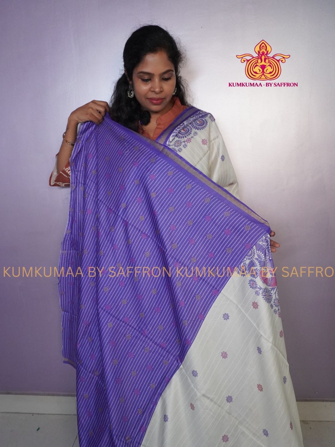 TUSSAR SILK -WHITE WITH PURPLE FLORAL PRINTED SAREE - LATEST COLLECTION - KUMKUMAA BY SAFFRON - UNIQUE DESIGN
