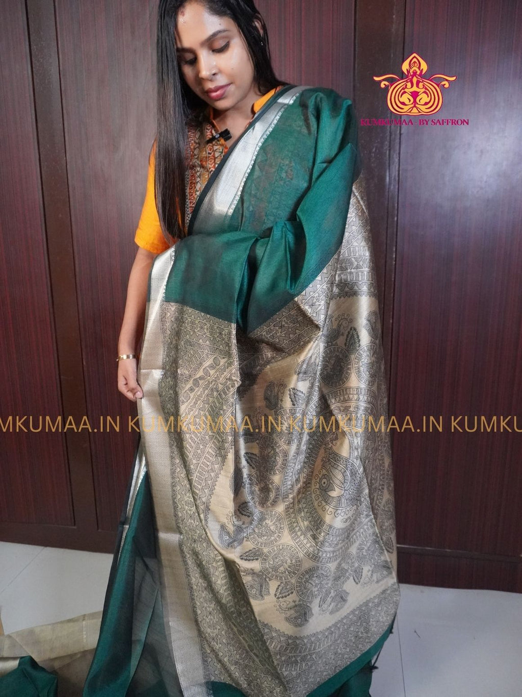 SEMI RAW SILK SAREE - DARK GREEN AND BEIGE - PRINTED PALLU - TRENDY WEAR SAREE- Beautiful saree for women - KUMKUMAA TRENDY FOR ALL OCCASION