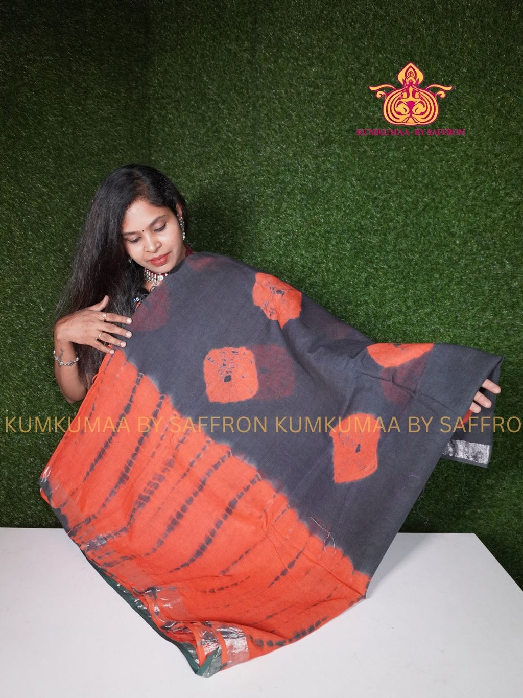 LINEN COTTON- BLACK WITH ORANGE COLOUR SAREE- TIE AND DYE (BANDHINI)- Soft and comfortable everyday wear saree - WITH BLOUSE - Kumkumaa exclusive - Comfort wear collection- Trendy and comfortable