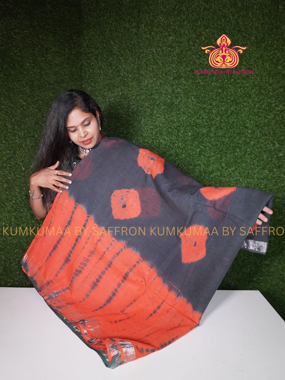 LINEN COTTON- BLACK WITH ORANGE COLOUR SAREE- TIE AND DYE (BANDHINI)- Soft and comfortable everyday wear saree - WITH BLOUSE - Kumkumaa exclusive - Comfort wear collection- Trendy and comfortable