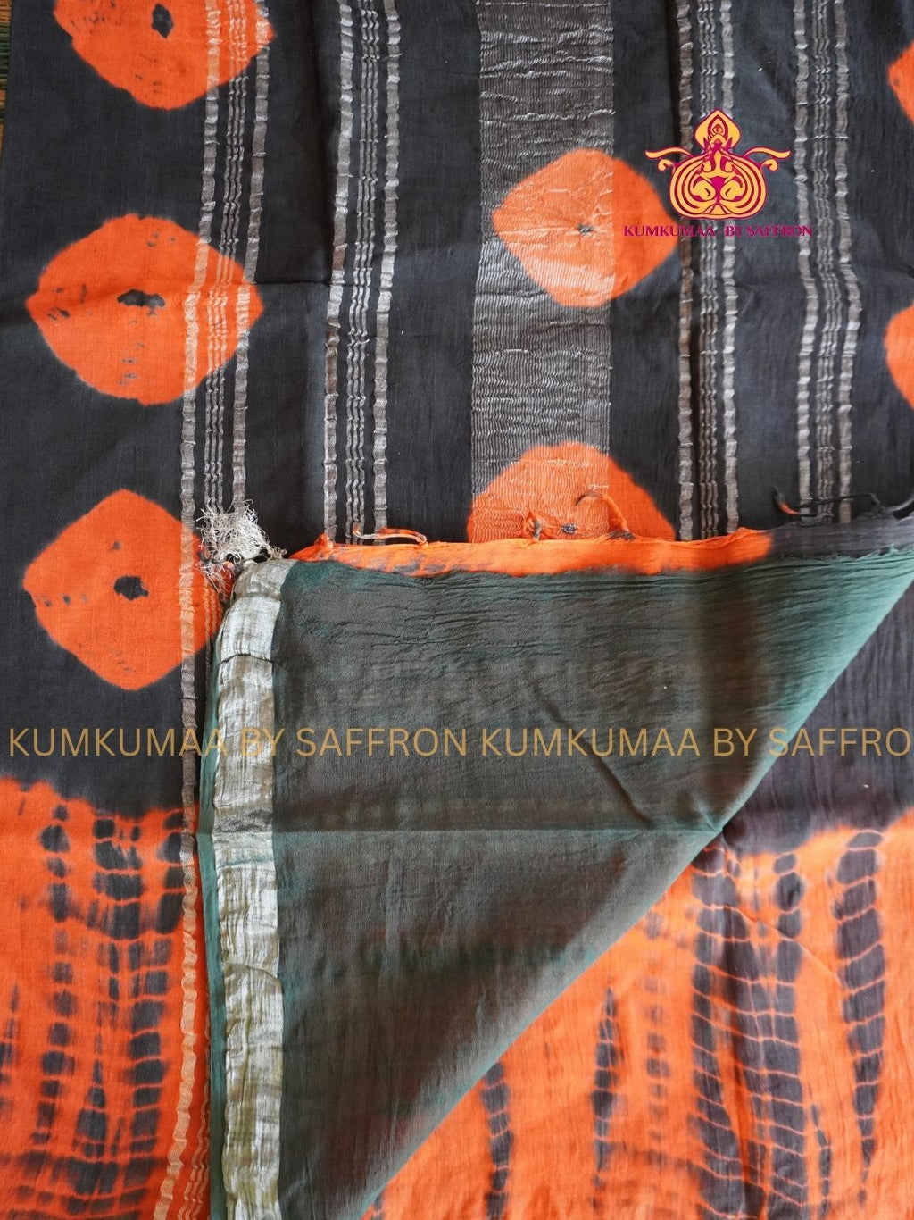 LINEN COTTON- BLACK WITH ORANGE COLOUR SAREE- TIE AND DYE (BANDHINI)- Soft and comfortable everyday wear saree - WITH BLOUSE - Kumkumaa exclusive - Comfort wear collection- Trendy and comfortable