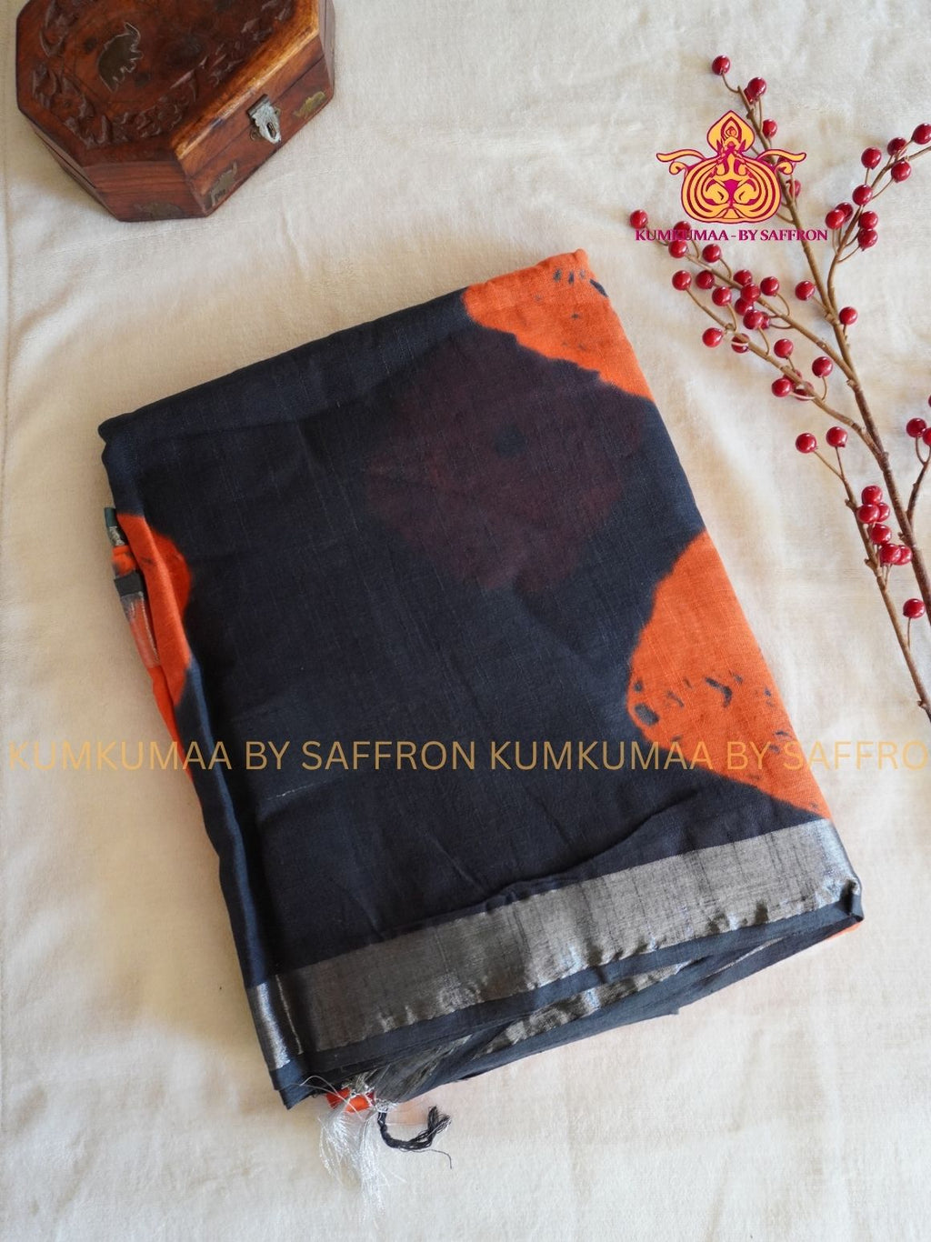 LINEN COTTON- BLACK WITH ORANGE COLOUR SAREE- TIE AND DYE (BANDHINI)- Soft and comfortable everyday wear saree - WITH BLOUSE - Kumkumaa exclusive - Comfort wear collection- Trendy and comfortable