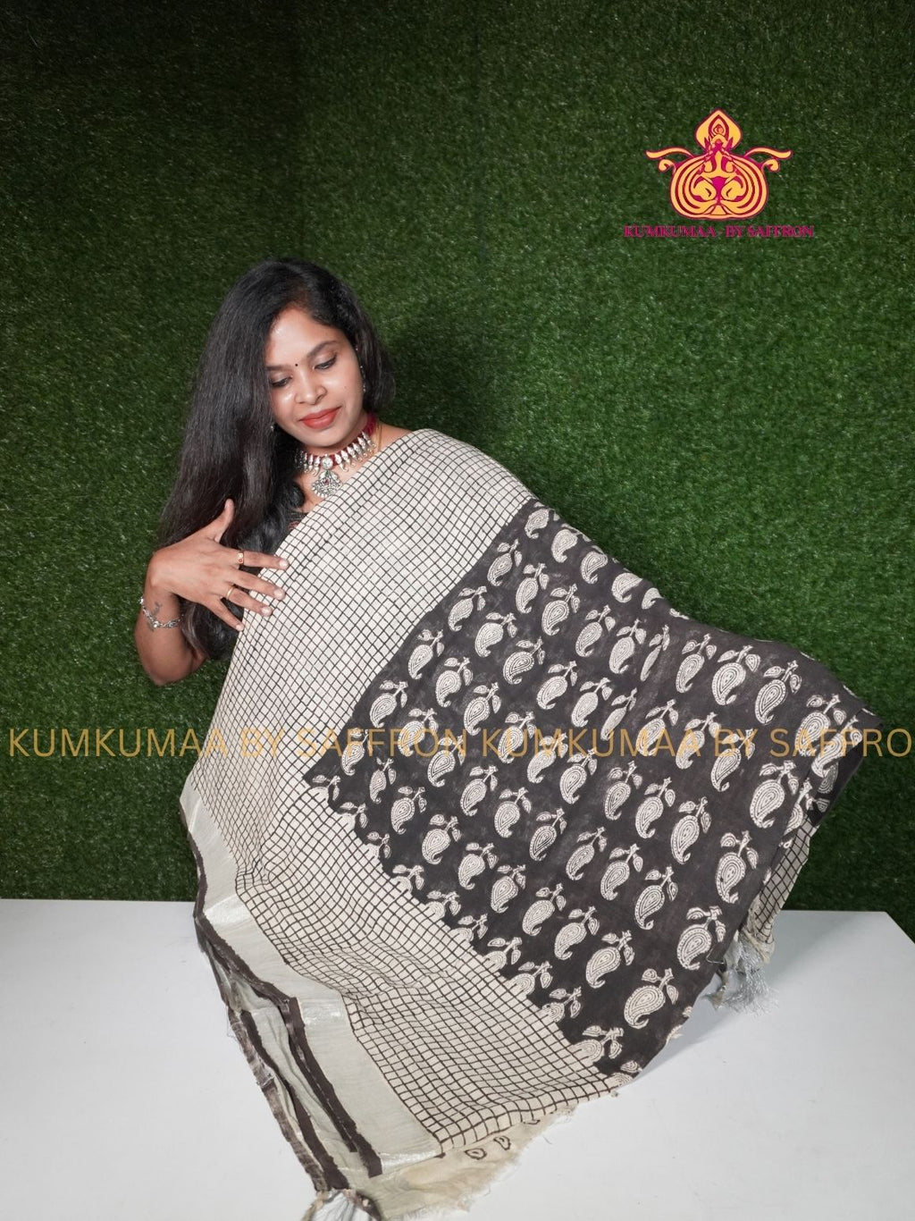 LINEN COTTON- BLACK WITH WHITE COLOUR SAREE- CHECKS AND MANGO DESIGN - Soft and comfortable everyday wear saree - WITH BLOUSE - Kumkumaa exclusive - Comfort wear collection- Trendy and comfortable