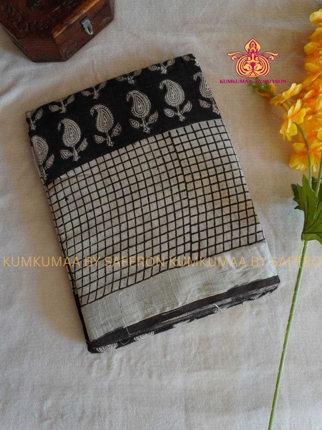 LINEN COTTON- BLACK WITH WHITE COLOUR SAREE- CHECKS AND MANGO DESIGN - Soft and comfortable everyday wear saree - WITH BLOUSE - Kumkumaa exclusive - Comfort wear collection- Trendy and comfortable