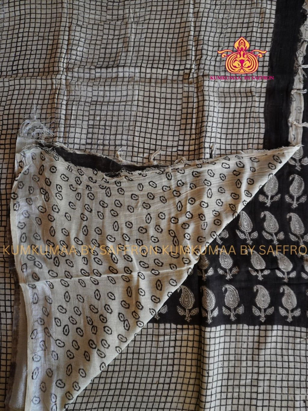 LINEN COTTON- BLACK WITH WHITE COLOUR SAREE- CHECKS AND MANGO DESIGN - Soft and comfortable everyday wear saree - WITH BLOUSE - Kumkumaa exclusive - Comfort wear collection- Trendy and comfortable