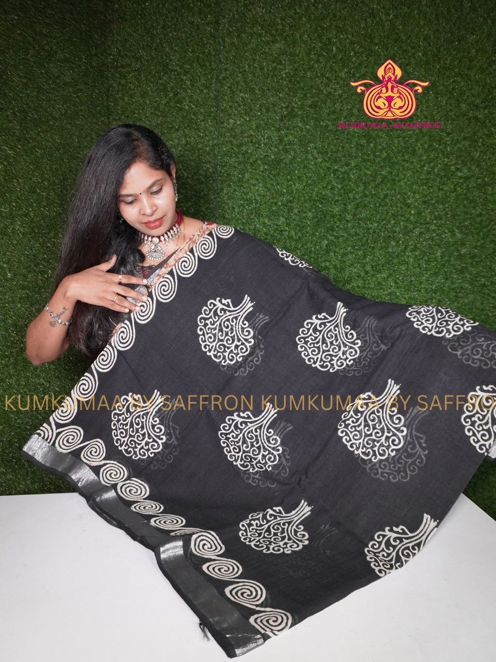 LINEN COTTON- BLACK WITH WHITE COLOUR SAREE- SPIRAL DESIGN - Soft and comfortable everyday wear saree - WITH BLOUSE - Kumkumaa exclusive - Comfort wear collection- Trendy and comfortable