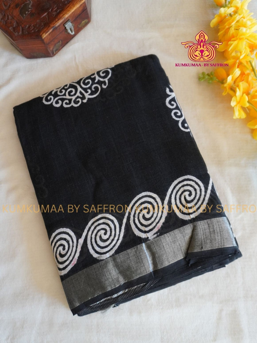 LINEN COTTON- BLACK WITH WHITE COLOUR SAREE- SPIRAL DESIGN - Soft and comfortable everyday wear saree - WITH BLOUSE - Kumkumaa exclusive - Comfort wear collection- Trendy and comfortable