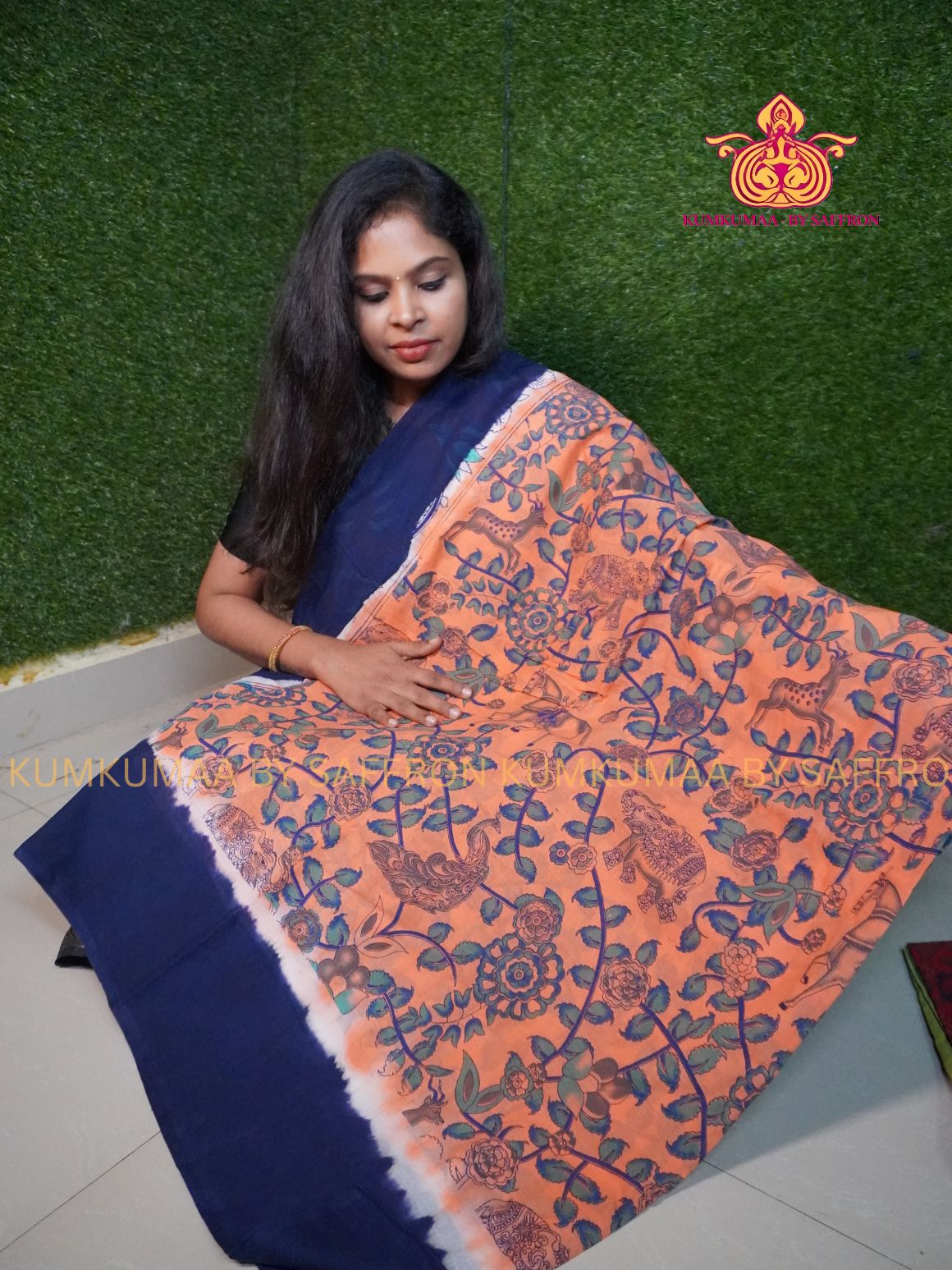 MUL COTTON- PEACH & NAVY BLUE SAREE WITH BLOUSE - KALAMKARI PRINT- SOFTEST EVERYDAY WEAR - BEST COTTON SAREE- COMFORT AND TRENDY - STYLE WITH COMFORT - Kumkumaa EVERYDAY SAREE (Copy) (Copy) (Copy)
