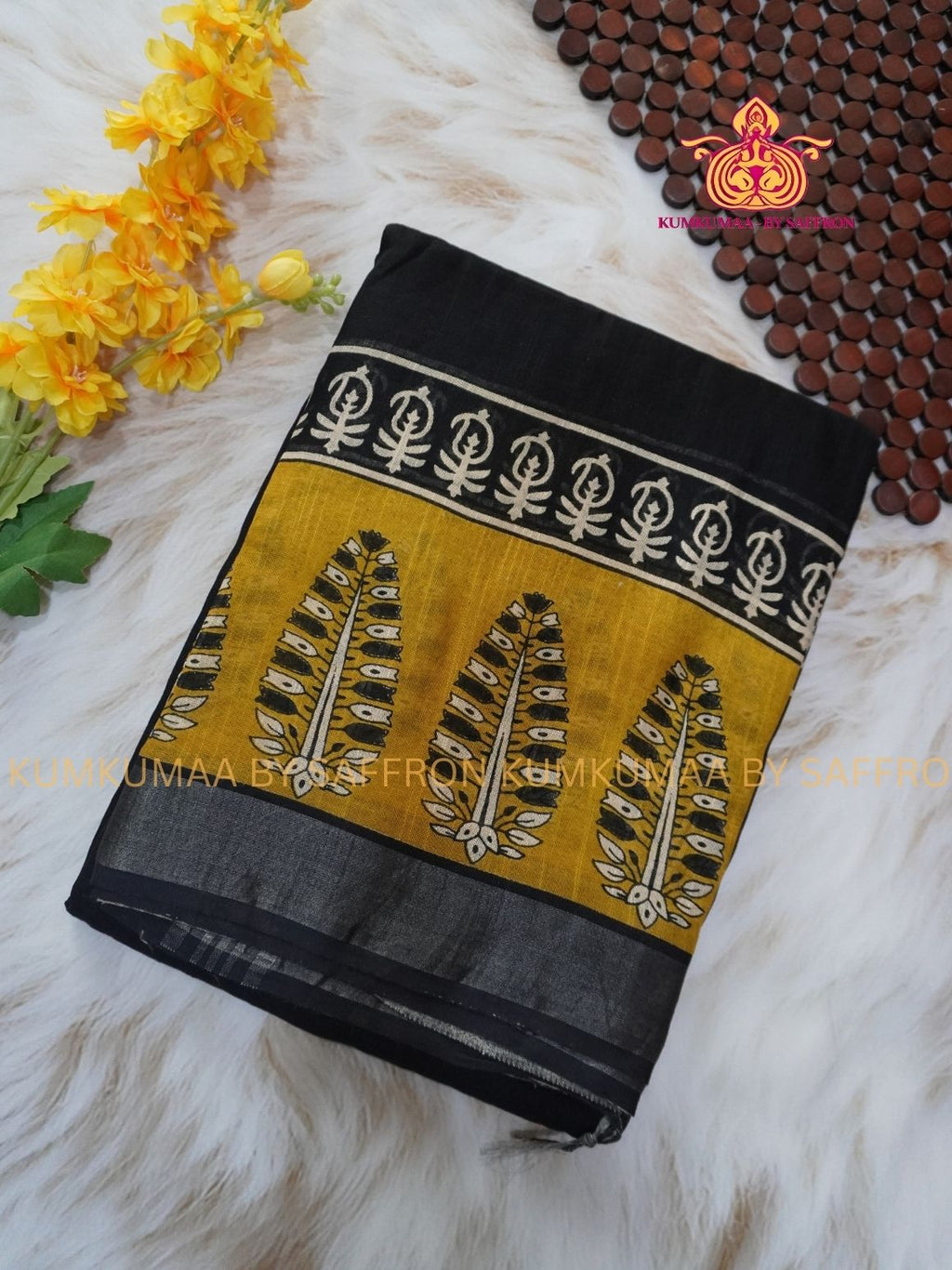 LINEN COTTON- BLACK WITH YELLOW FLORAL DESIGN PRINTED SAREE- Soft and comfortable everyday wear saree - WITH BLOUSE - Kumkumaa exclusive - Comfort wear Collection- Trendy and comfortable