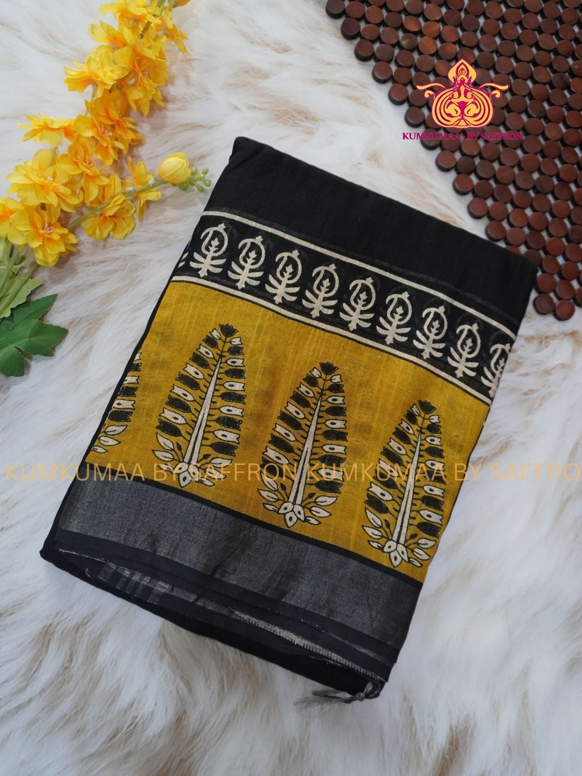 LINEN COTTON- BLACK WITH YELLOW FLORAL DESIGN PRINTED SAREE- Soft and comfortable everyday wear saree - WITH BLOUSE - Kumkumaa exclusive - Comfort wear Collection- Trendy and comfortable