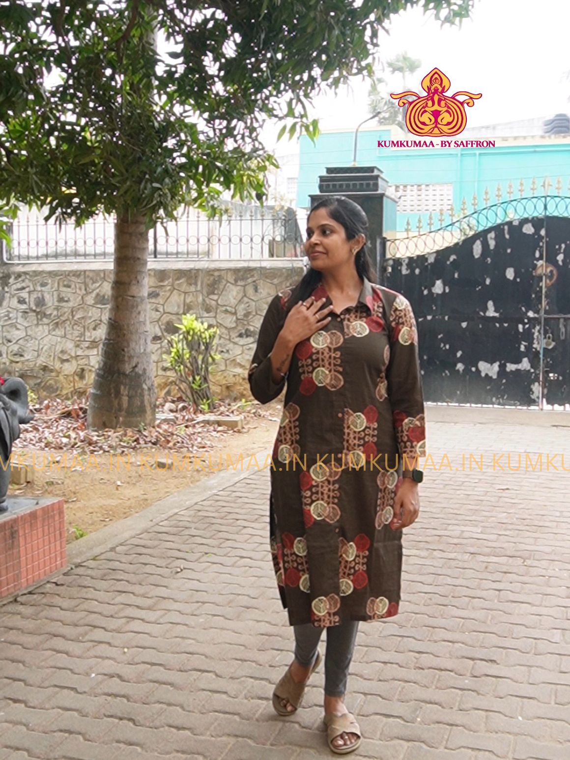 BROWN WITH ART SKIRTING KURTI WITH SHIRT COLLAR, STRAIGHT CUT KURTI , SMART FIT, KUMKUMAA CREATION, CUSTOM MADE KURTI