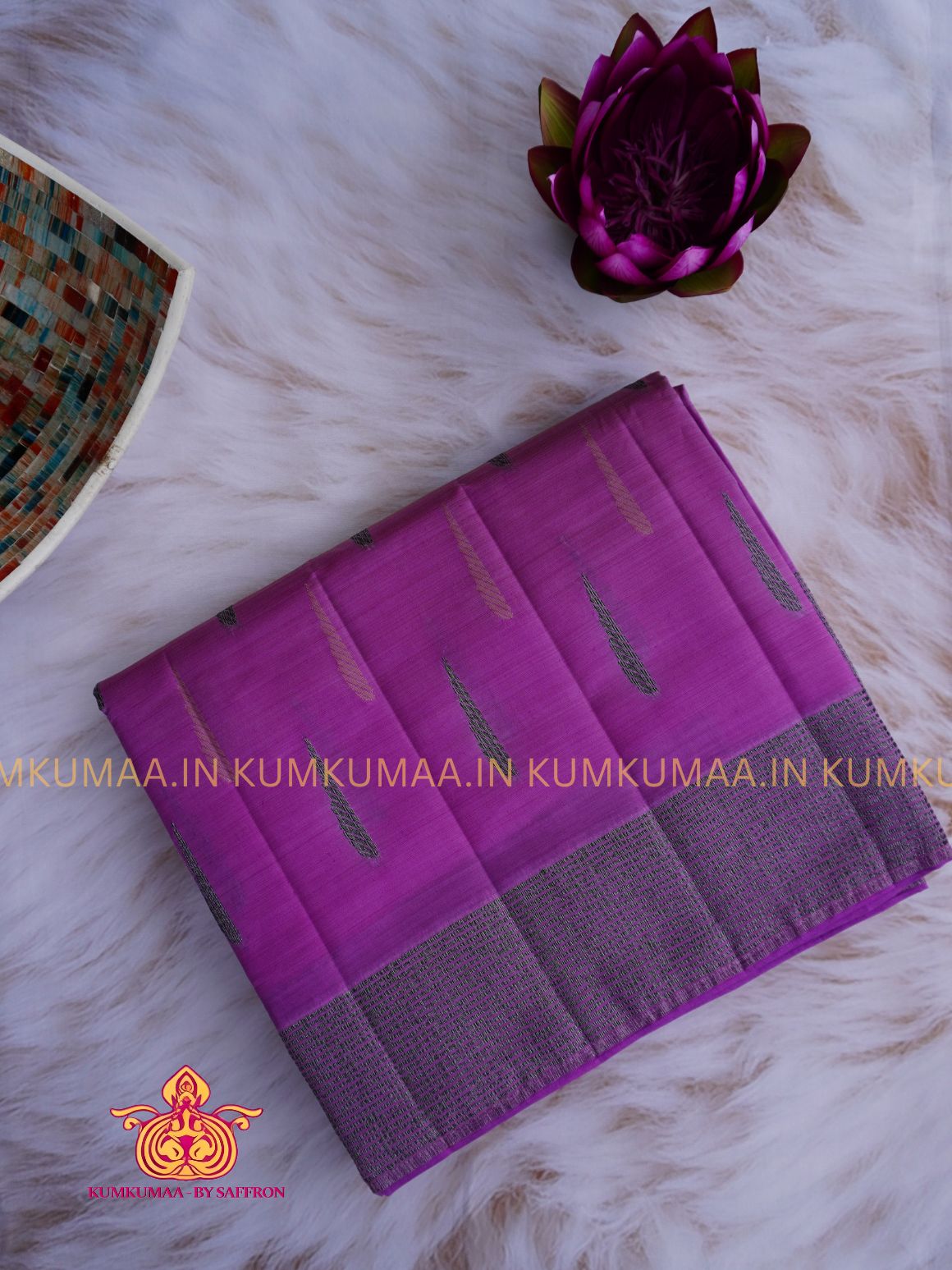 RAW SILK SAREE - ONION PINK SAREE WITH THILAK DESIGN WITH STRIPED BORDER - ETHNIC WEAR - EXCLUSIVE KUMKUMAA COLLECTION- RAW SILK MATERIAL - PREMIUM QUALITY -FESTIVE