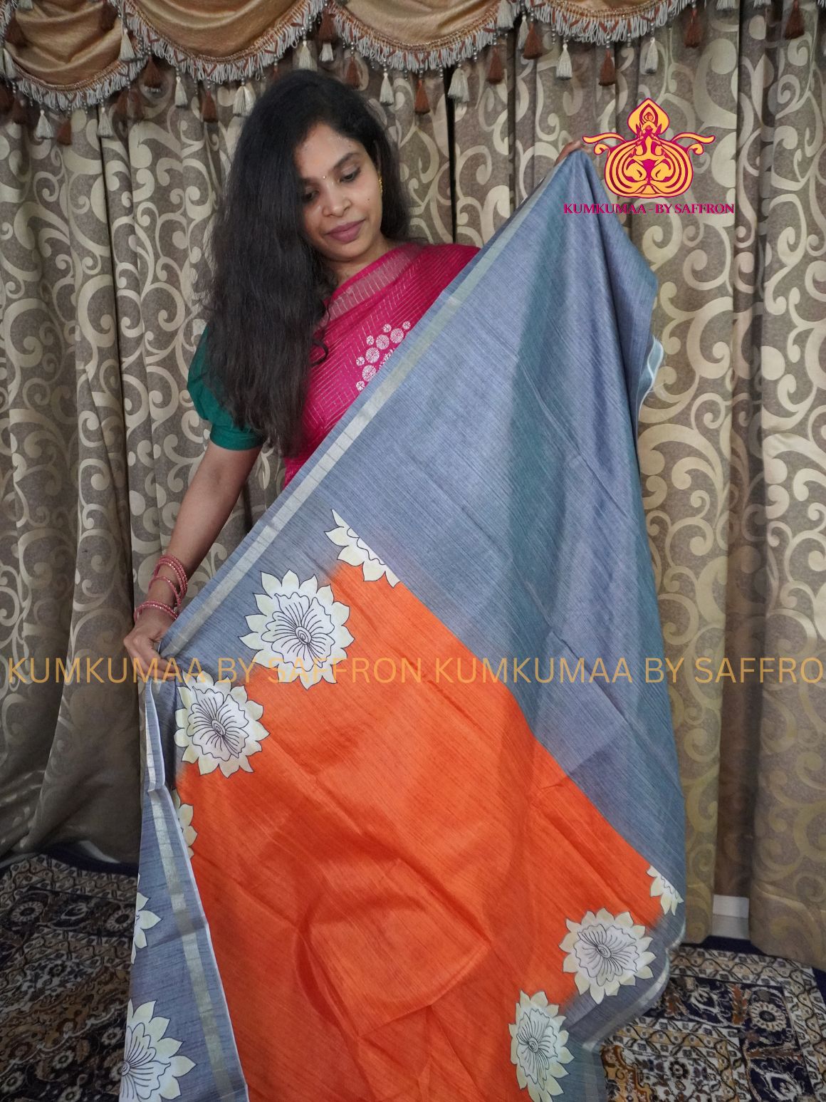 TUSSAR SILK - ORANGE AND GRAY - FLORAL PRINTED SAREE - SKIRTING BORDER - LATEST COLLECTION - KUMKUMAA BY SAFFRON - UNIQUE DESIGN
