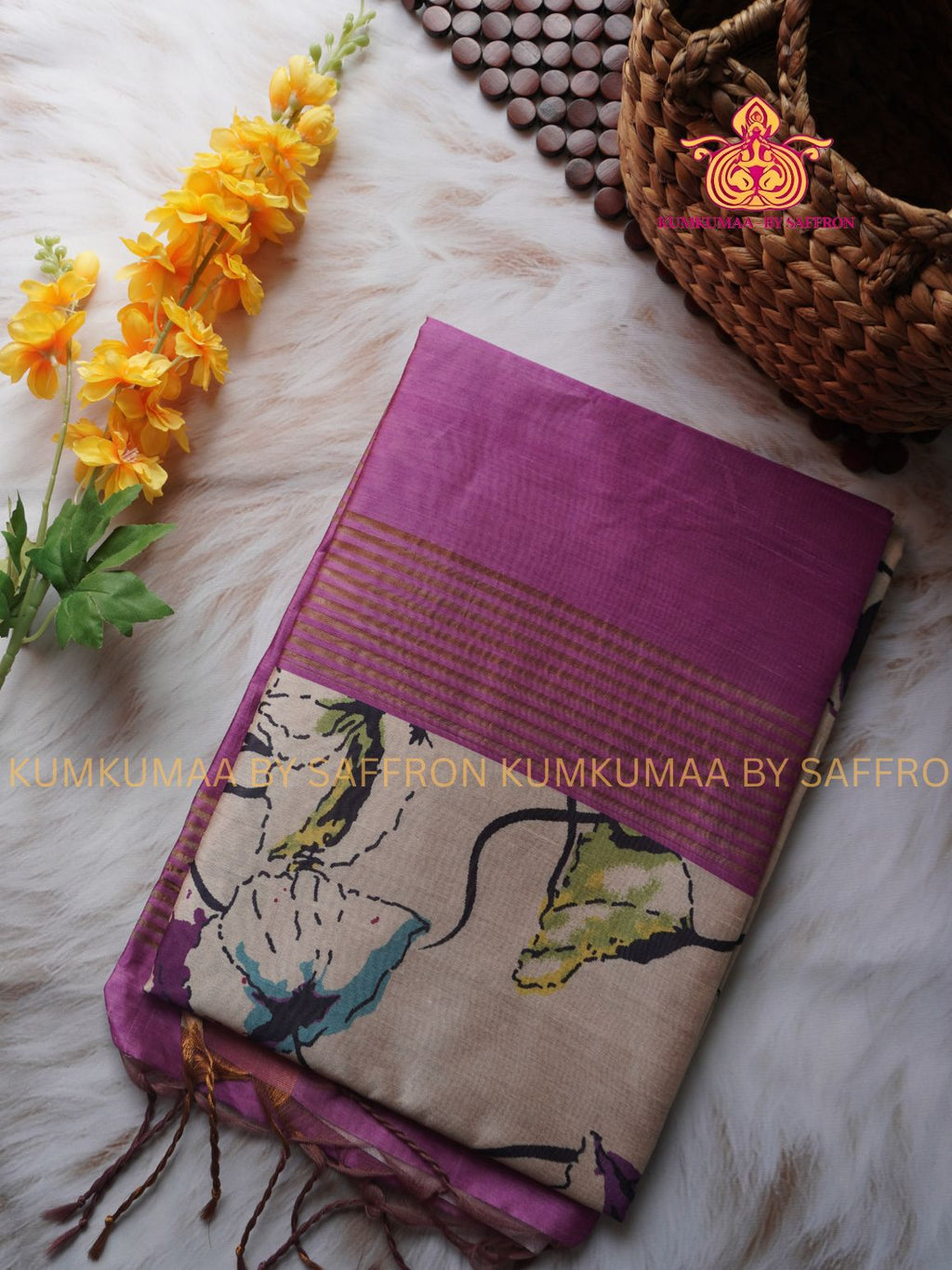TUSSAR SILK - OFF WHITE AND MAJANTA - FLOWER DESIGN SAREE - WITHOUT BORDER - LATEST COLLECTION - KUMKUMAA BY SAFFRON - UNIQUE DESIGN