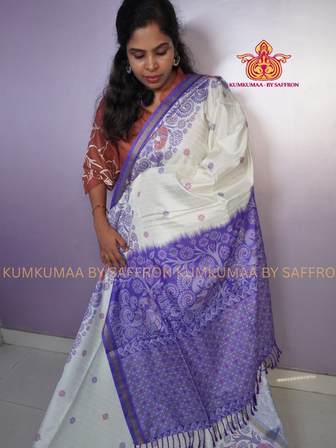 TUSSAR SILK -WHITE WITH PURPLE FLORAL PRINTED SAREE - LATEST COLLECTION - KUMKUMAA BY SAFFRON - UNIQUE DESIGN