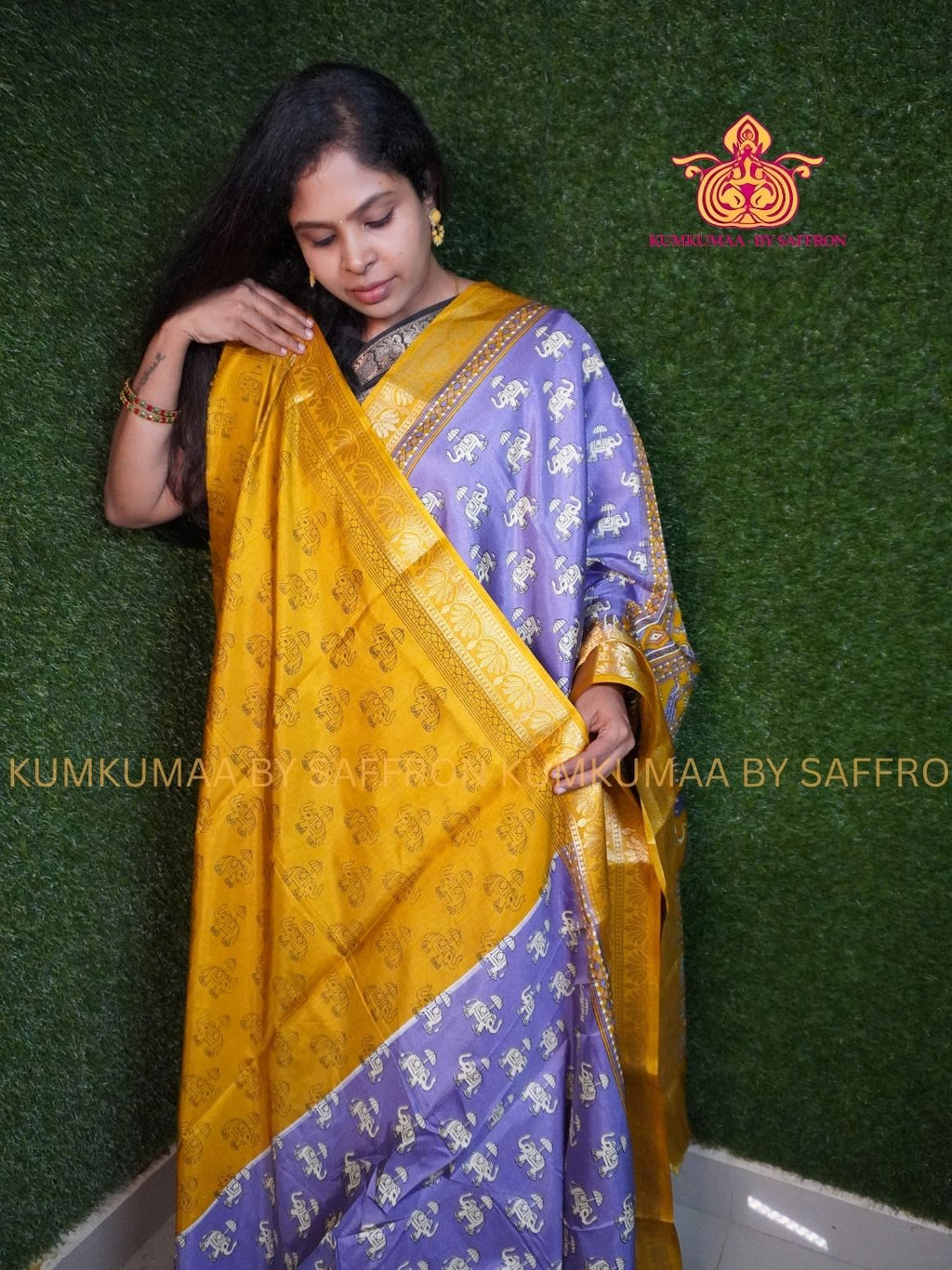Dola Silk - COMFORTABLE FESTIVE Beautiful saree for women- LAVENDER AND YELLOW - ELEPHANT PRINT DESIGN - ZARI WEAVING BORDER - KUMKUMAA TRENDY TRADITIONAL WEAR - Comfort - Confidence - Elegance