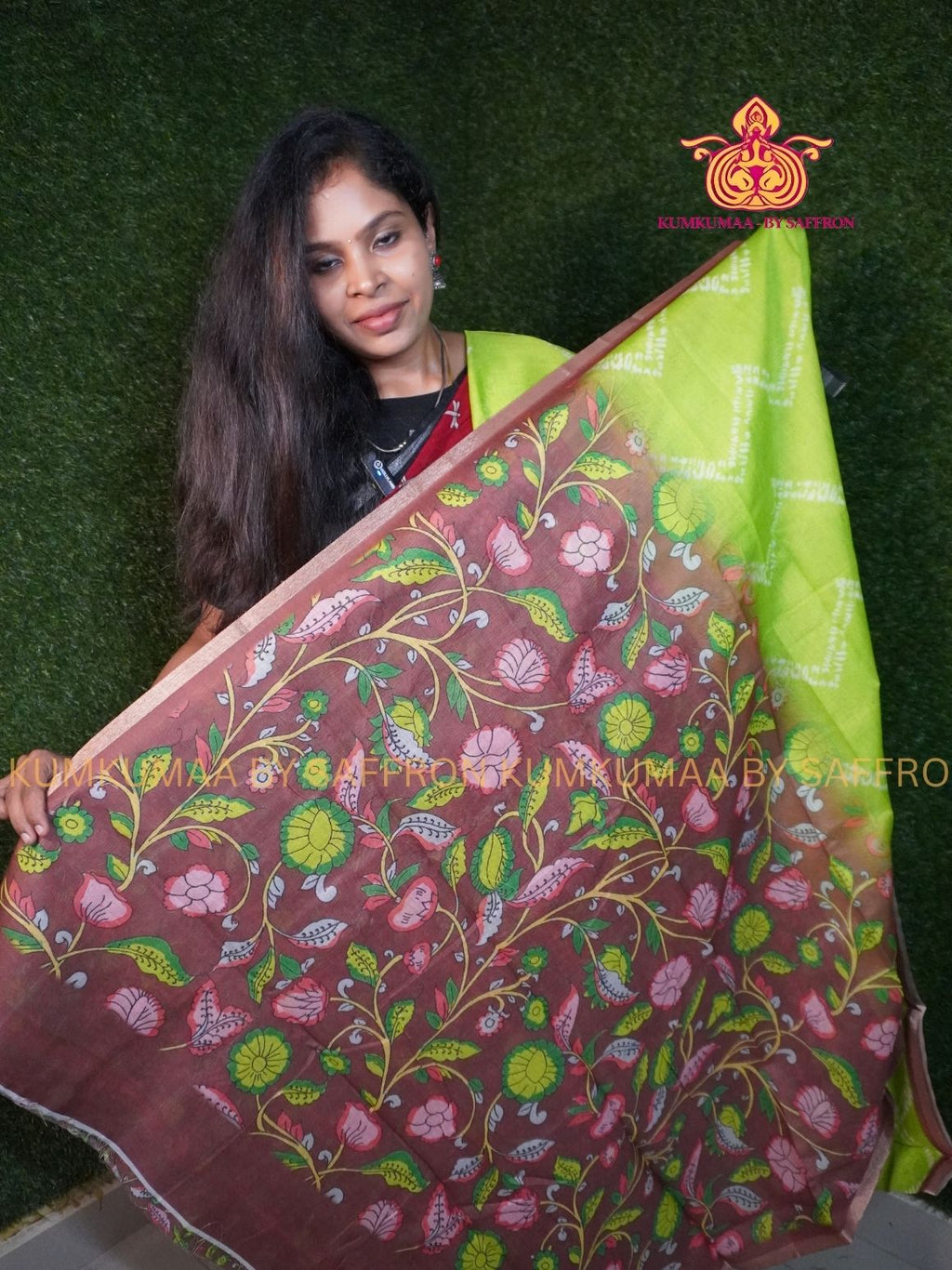 CHANDERI COTTON - LIGHT GREEN WITH BROWN - ZIG ZAG DESIGN FLORAL BLOUSE AND PALLU- PROFESSIONAL WEAR- MINIMALIST BORDER - LATEST COLLECTION - KUMKUMAA BY SAFFRON - ELITE DESIGN