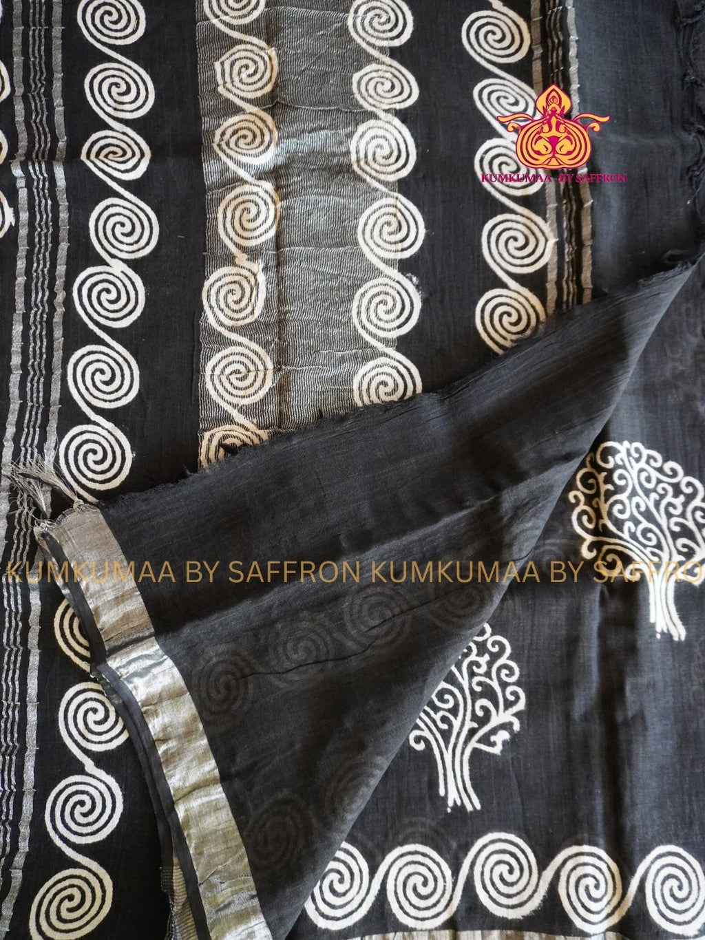 LINEN COTTON- BLACK WITH WHITE COLOUR SAREE- SPIRAL DESIGN - Soft and comfortable everyday wear saree - WITH BLOUSE - Kumkumaa exclusive - Comfort wear collection- Trendy and comfortable