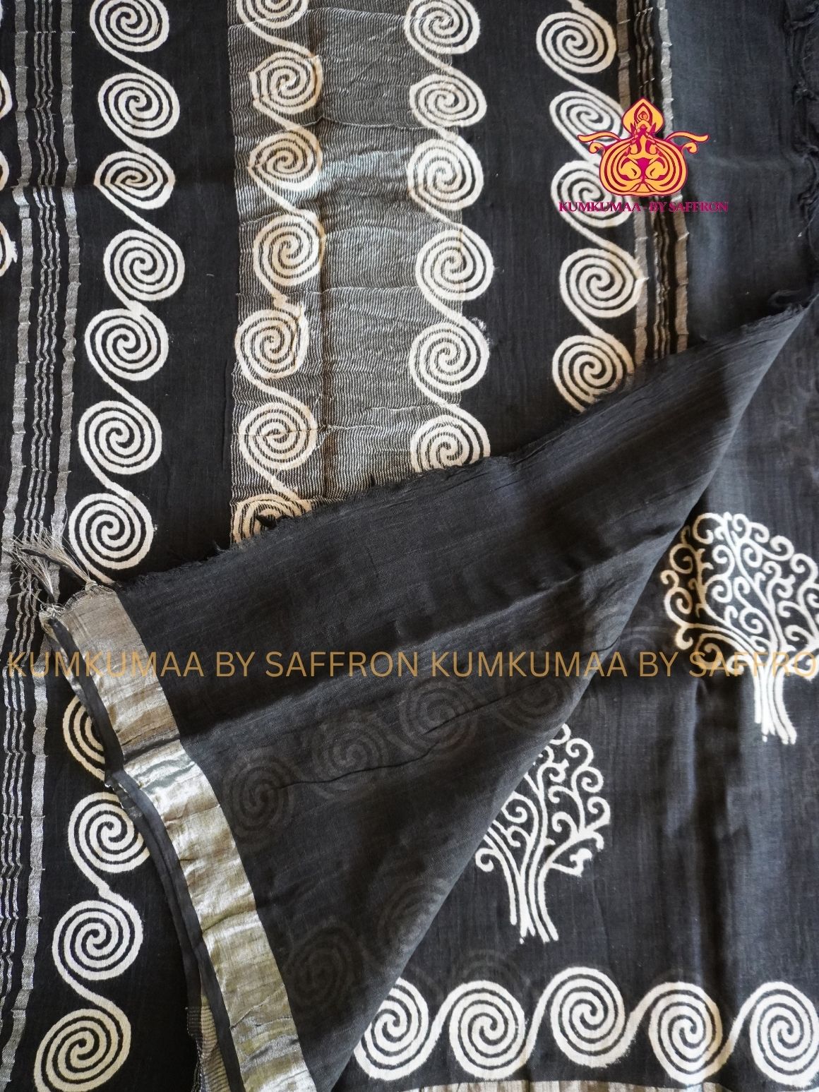 LINEN COTTON- BLACK WITH WHITE COLOUR SAREE- SPIRAL DESIGN - Soft and comfortable everyday wear saree - WITH BLOUSE - Kumkumaa exclusive - Comfort wear collection- Trendy and comfortable