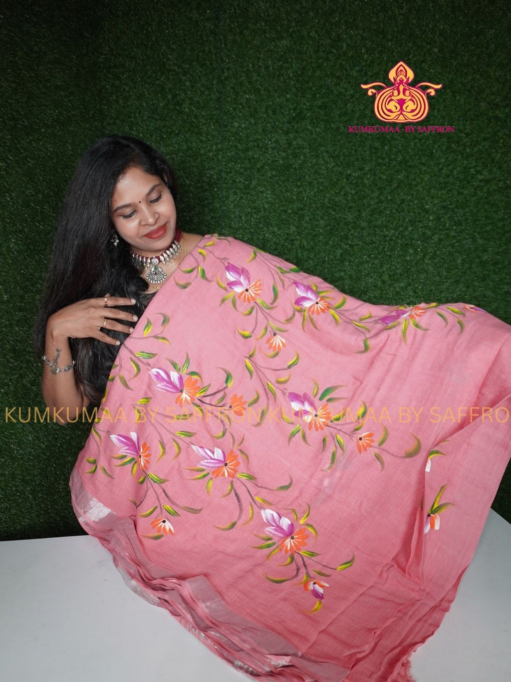 LINEN COTTON- PEACH COLOUR SAREE- FLORAL DESIGN - Soft and comfortable everyday wear saree - WITH BLOUSE - Kumkumaa exclusive - Comfort wear collection- Trendy and comfortable
