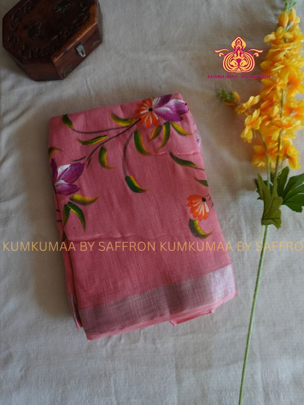 LINEN COTTON- PEACH COLOUR SAREE- FLORAL DESIGN - Soft and comfortable everyday wear saree - WITH BLOUSE - Kumkumaa exclusive - Comfort wear collection- Trendy and comfortable