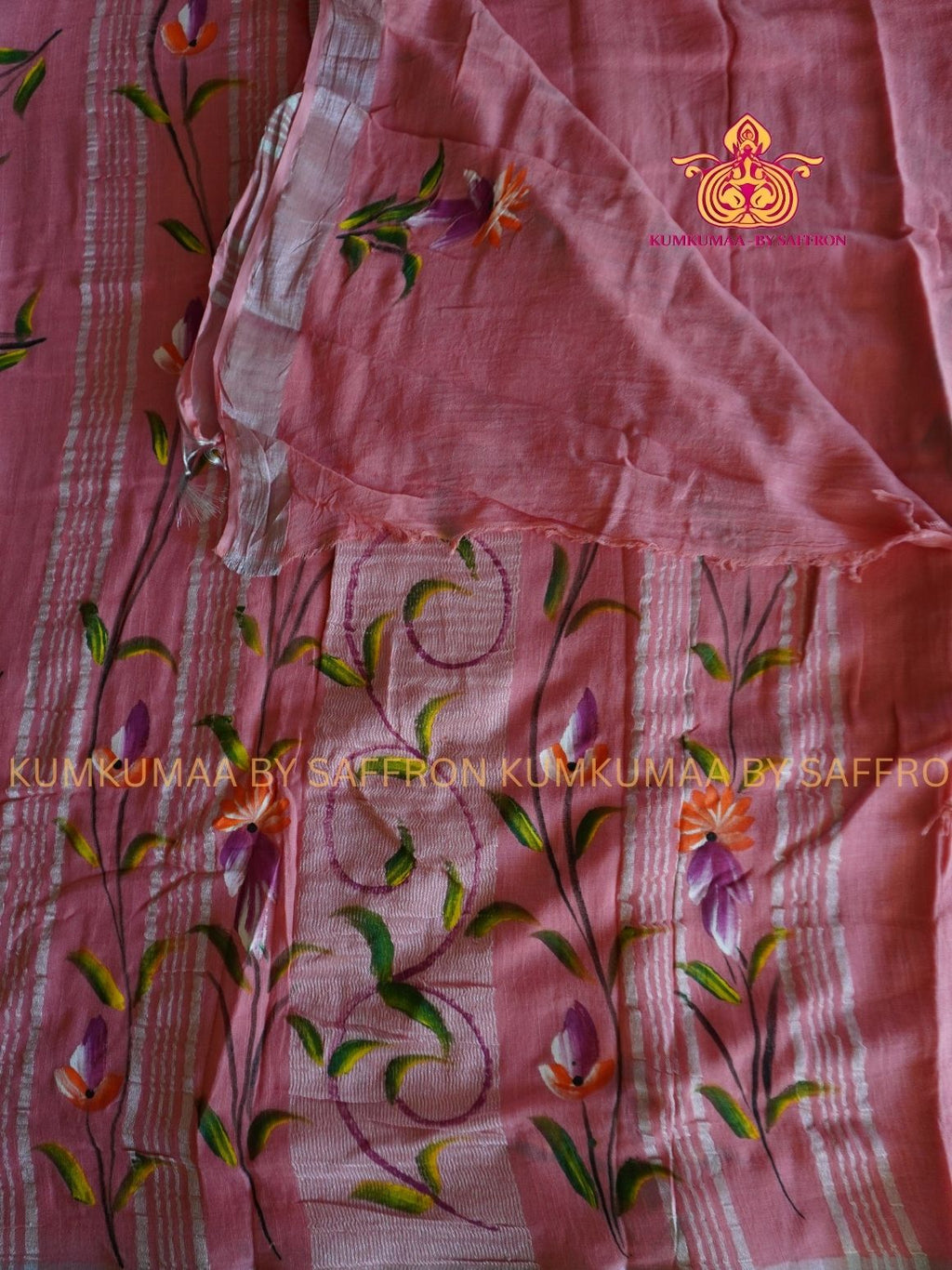 LINEN COTTON- PEACH COLOUR SAREE- FLORAL DESIGN - Soft and comfortable everyday wear saree - WITH BLOUSE - Kumkumaa exclusive - Comfort wear collection- Trendy and comfortable