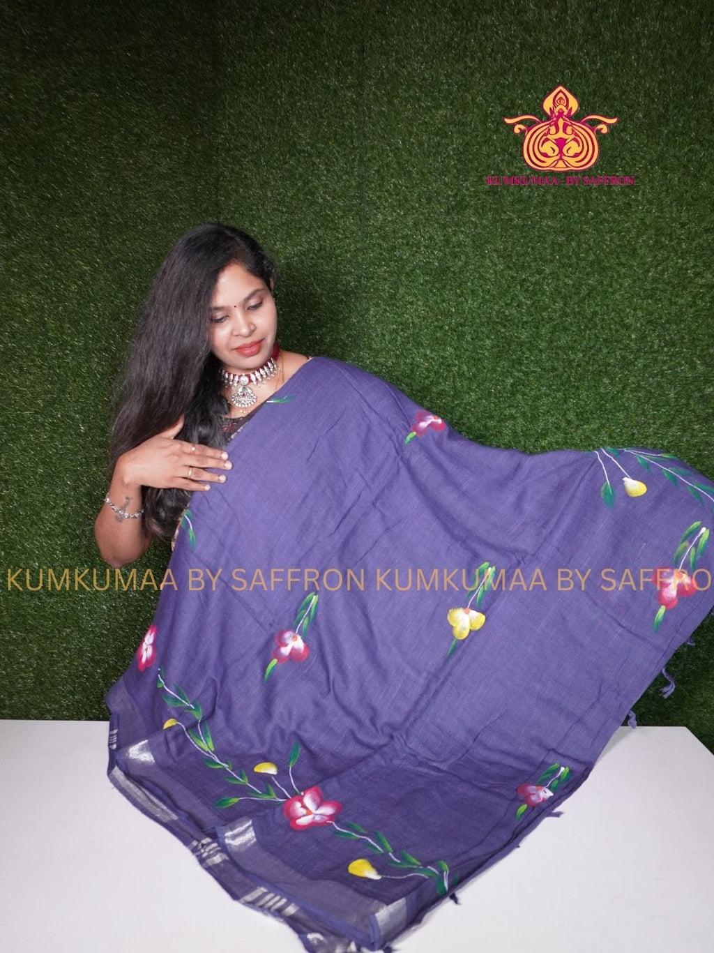 LINEN COTTON- BLUE COLOUR SAREE- FLORAL PAINTING DESIGN - Soft and comfortable everyday wear saree - WITH BLOUSE - Kumkumaa exclusive - Comfort wear collection- Trendy and comfortable