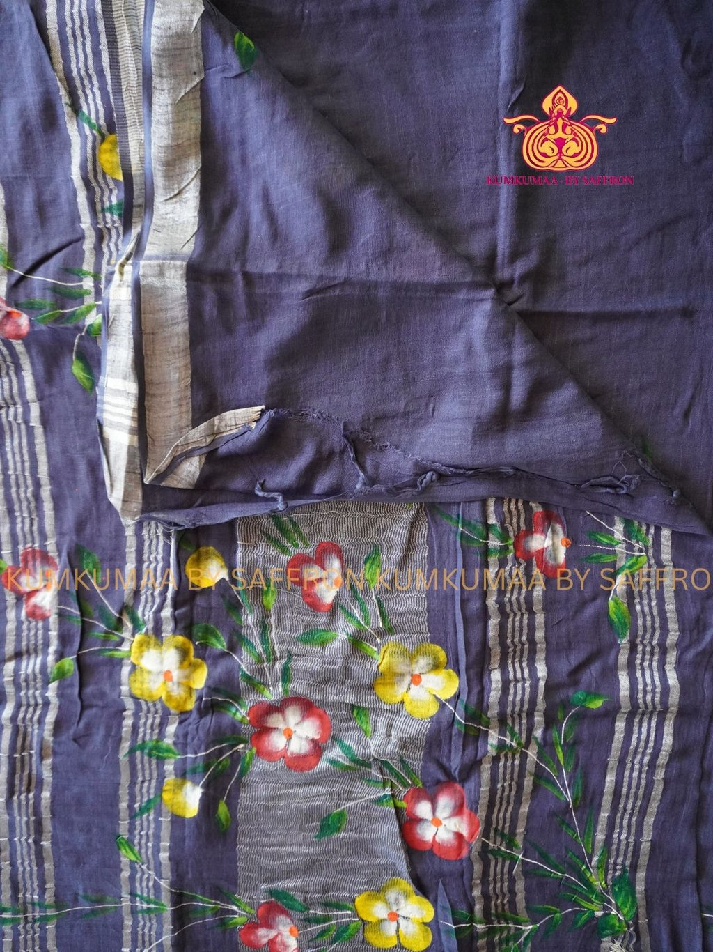 LINEN COTTON- BLUE COLOUR SAREE- FLORAL PAINTING DESIGN - Soft and comfortable everyday wear saree - WITH BLOUSE - Kumkumaa exclusive - Comfort wear collection- Trendy and comfortable