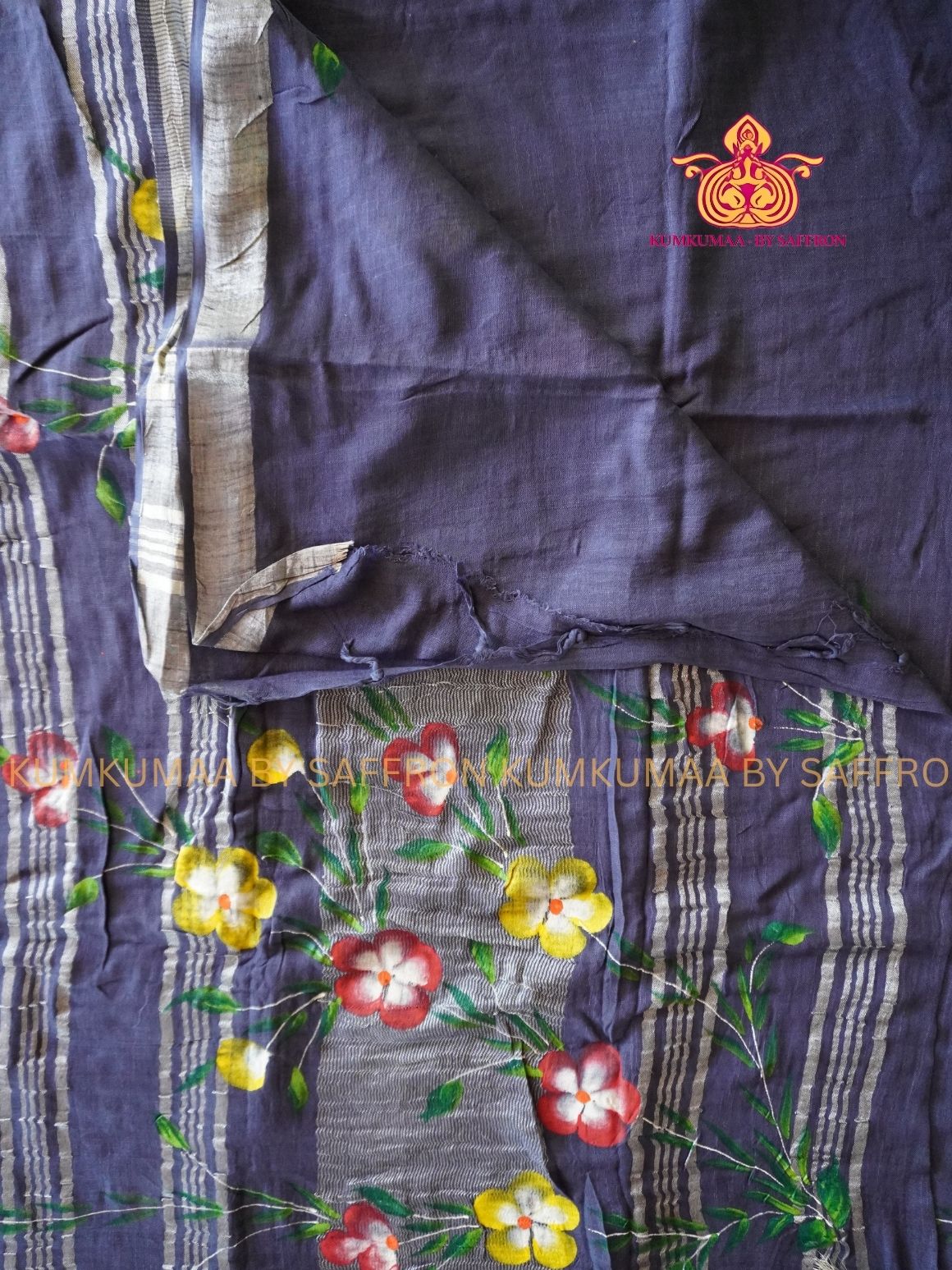 LINEN COTTON- BLUE COLOUR SAREE- FLORAL PAINTING DESIGN - Soft and comfortable everyday wear saree - WITH BLOUSE - Kumkumaa exclusive - Comfort wear collection- Trendy and comfortable