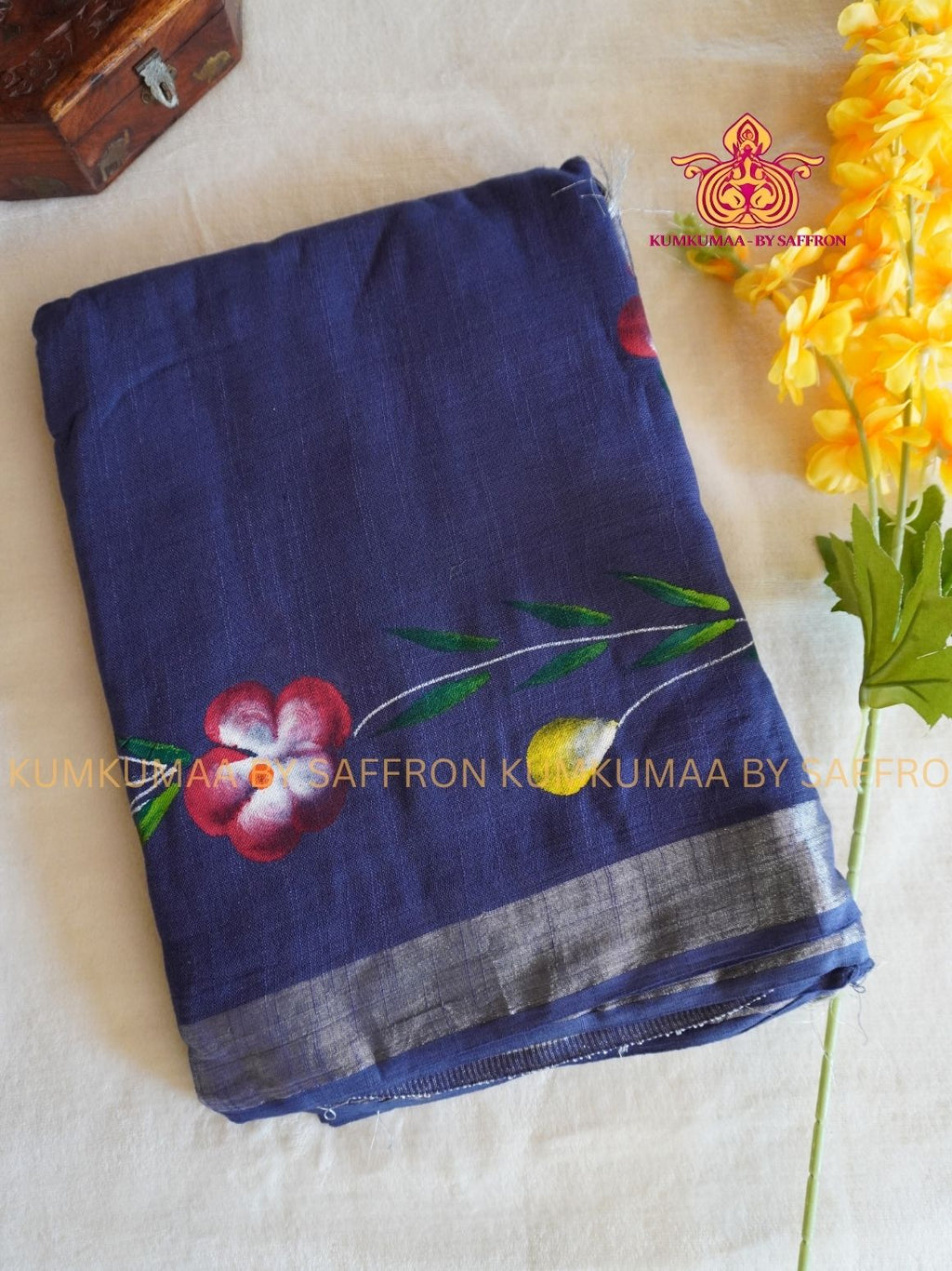 LINEN COTTON- BLUE COLOUR SAREE- FLORAL PAINTING DESIGN - Soft and comfortable everyday wear saree - WITH BLOUSE - Kumkumaa exclusive - Comfort wear collection- Trendy and comfortable